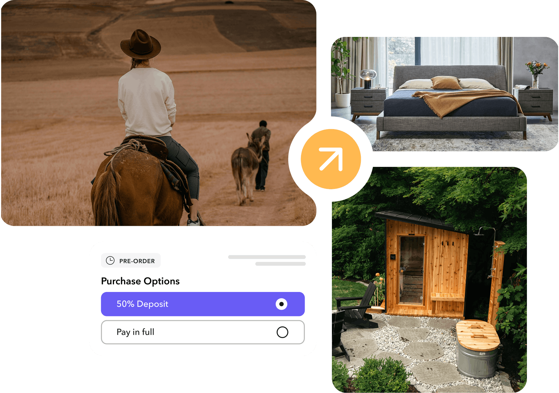 Cowboys on ranch selling meat on preorder, luxury bed with custom fabrics, high-end wooden sauna, Downpay partial payment block on Shopify product page