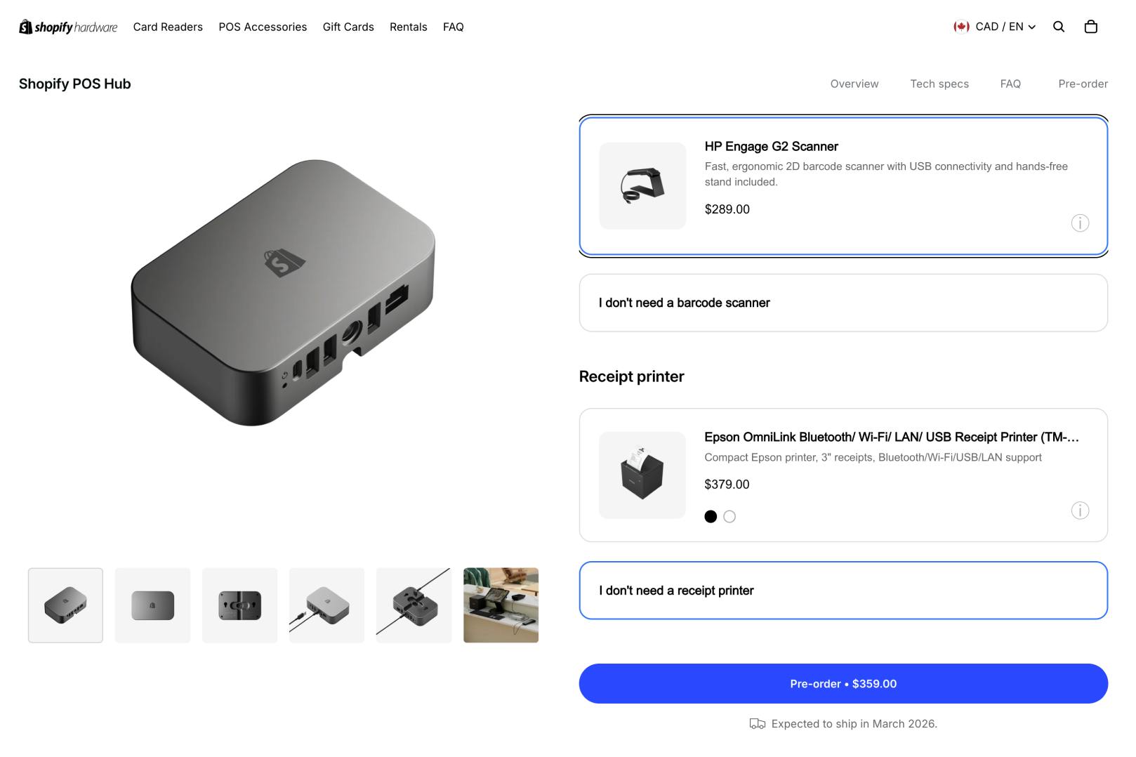 Product page with preorder button for Shopify presale POS device and optional extras
