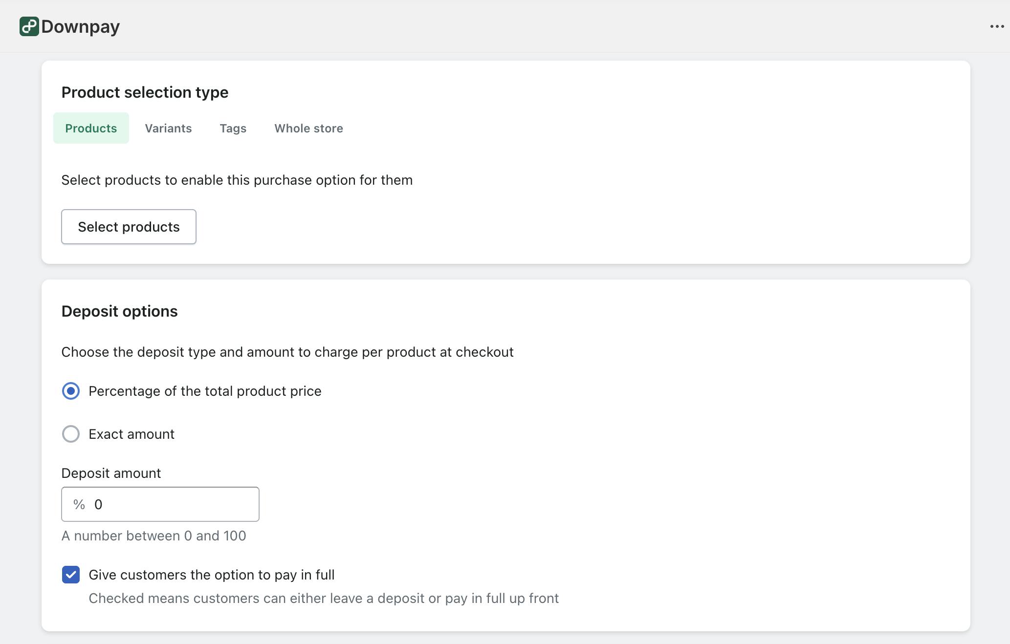 $0 deposit option in Downpay purchase option screen in Shopify