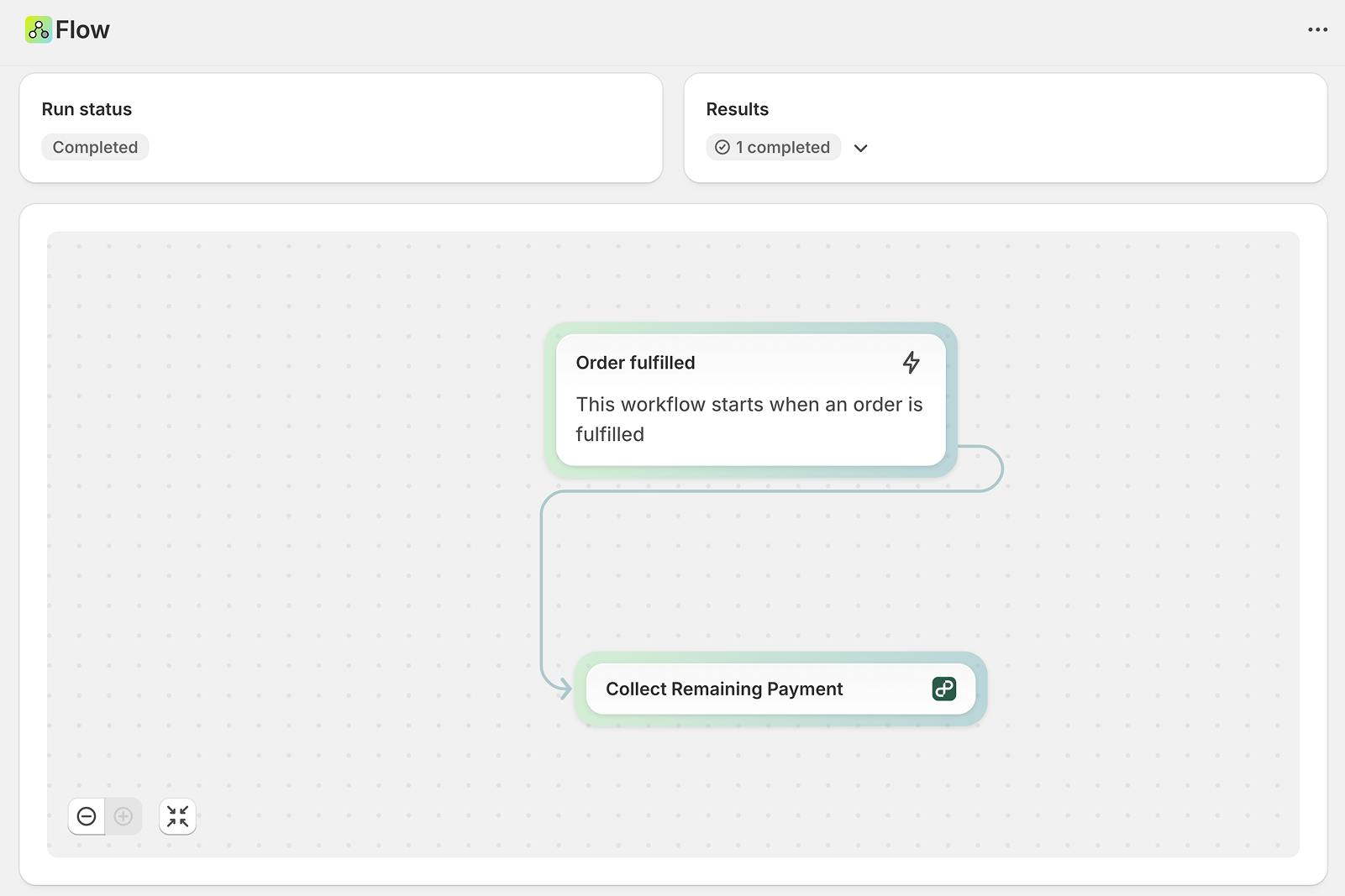 A Shopify Flow run of collecting remaining payment when an order is fulfilled