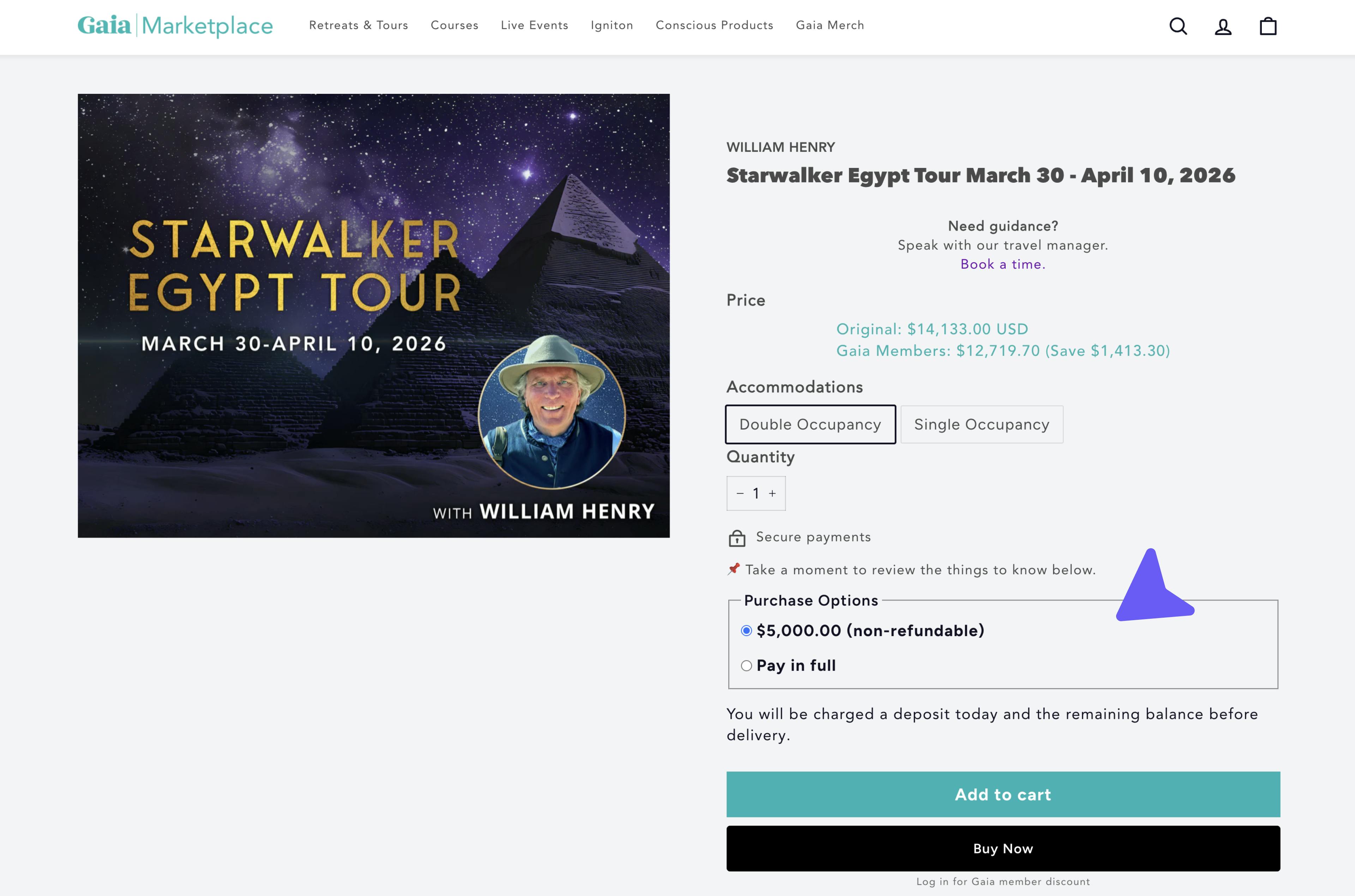 Gaia Marketplace product page with Shopify security deposit for trip