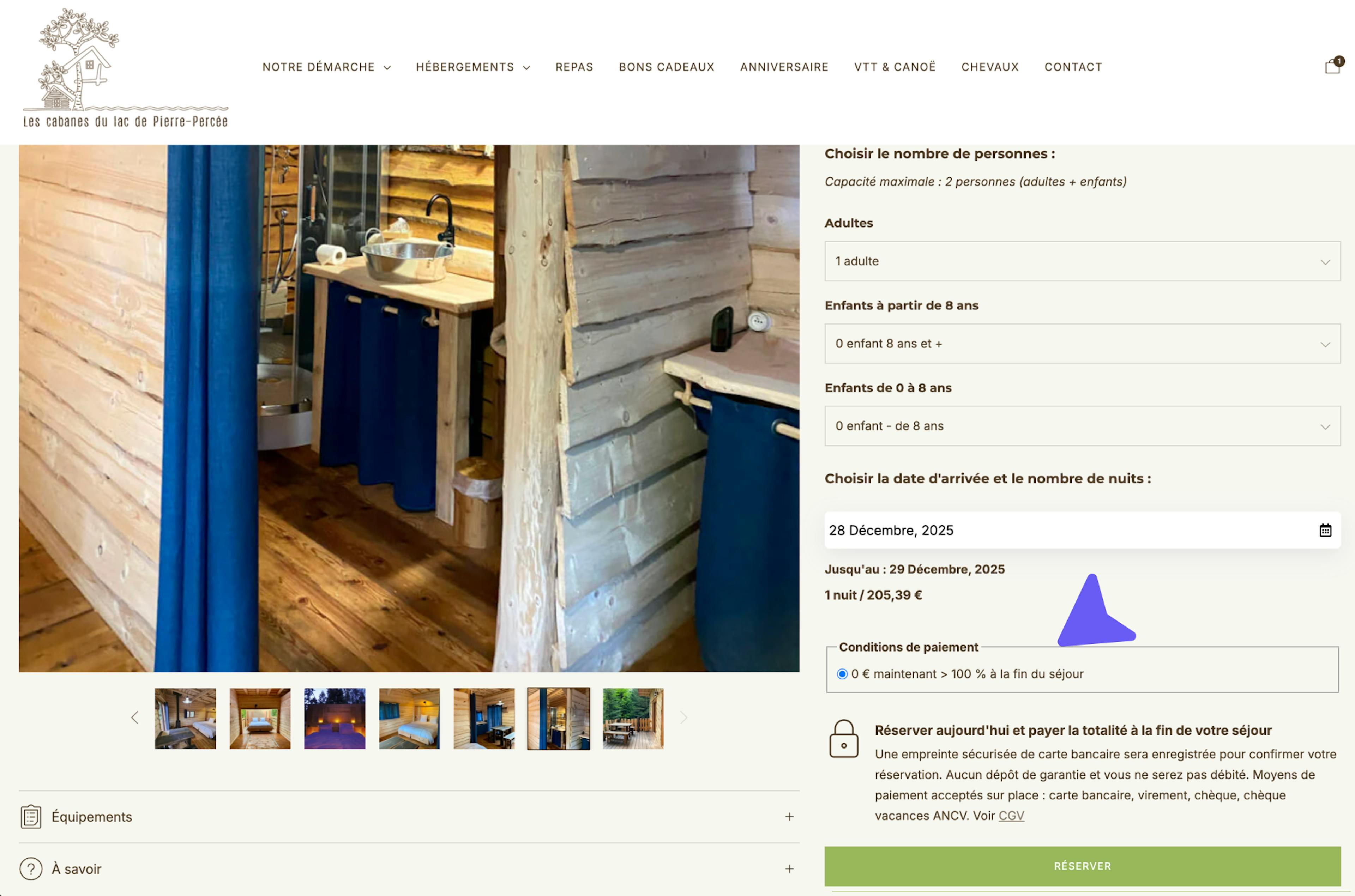 LES CABINES DU LAC DU PIERRE-PERCÉE product page for travel bookings on Shopify