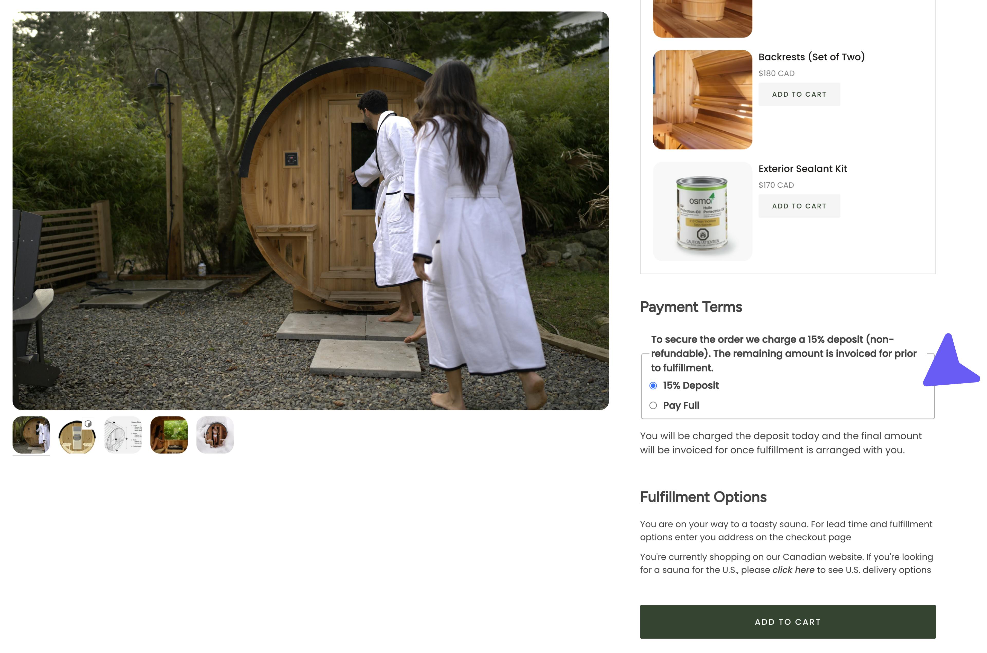 Nootka Saunas product page for made-to-order saunas on Shopify