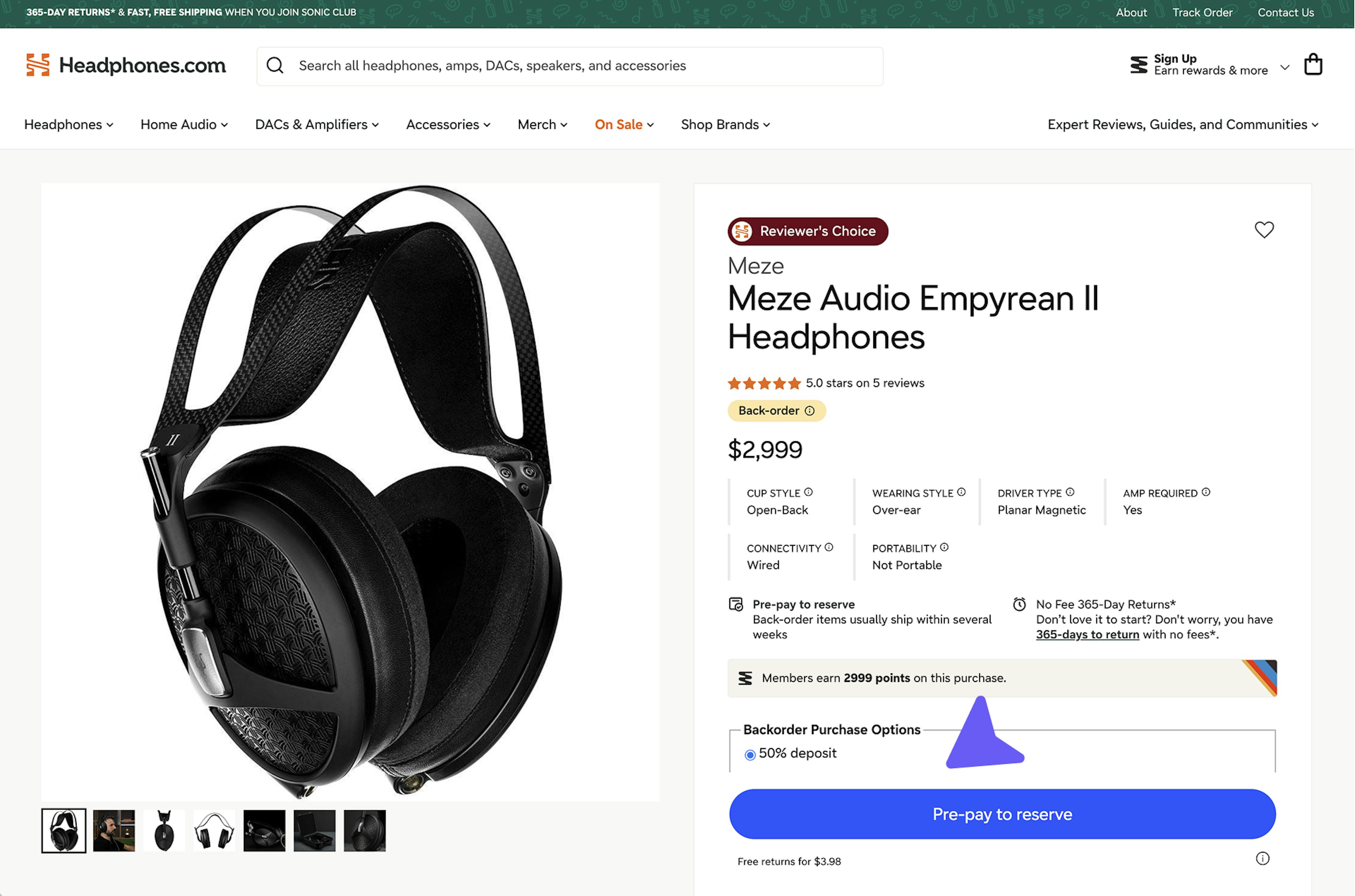 Headphones.com Shopify product page for backorder with 50% deposit