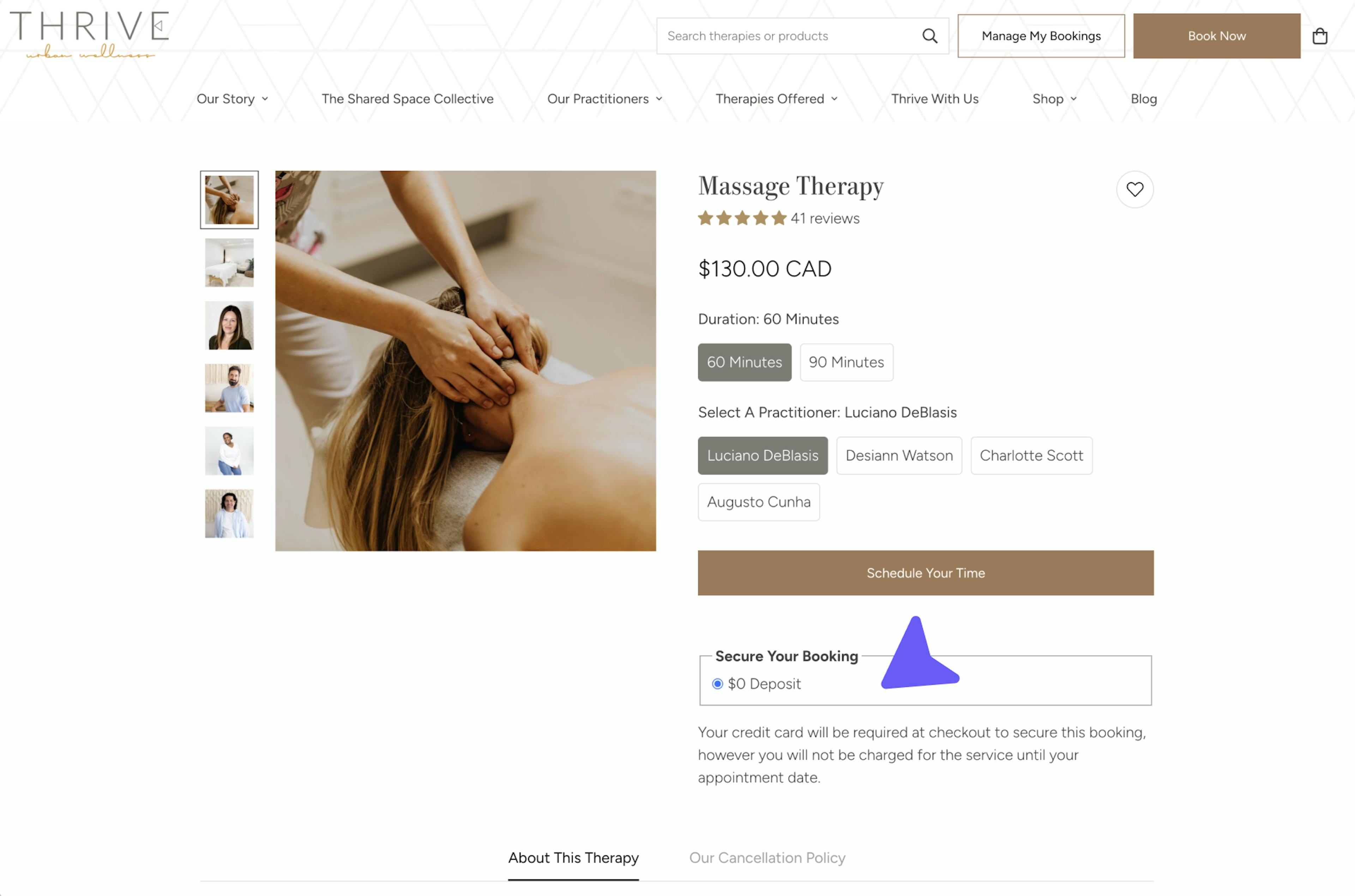 Thrive Urban Wellness Shopify product page with deferred payment for booking