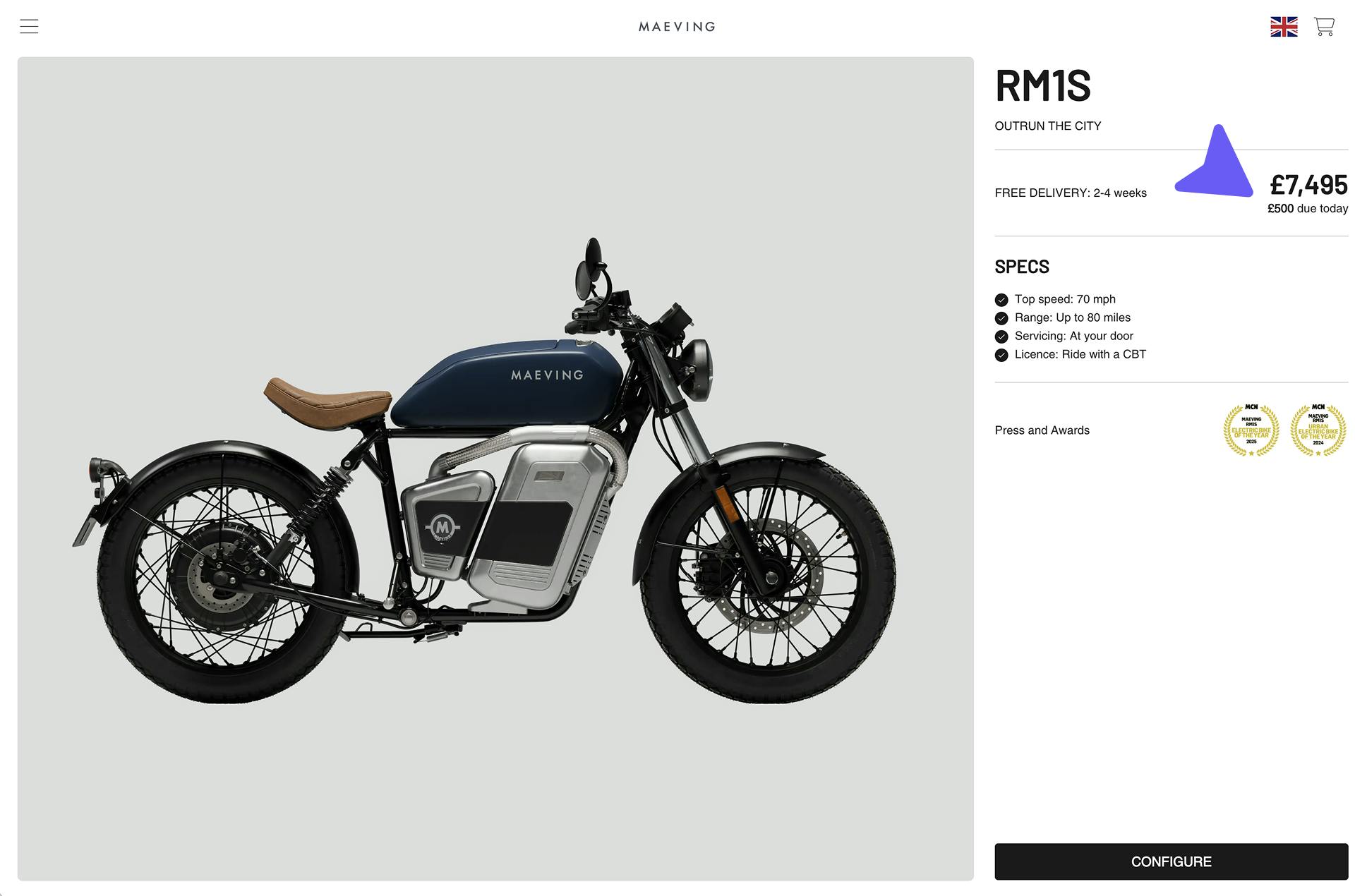 Maeving product page with £500 deposit upfront