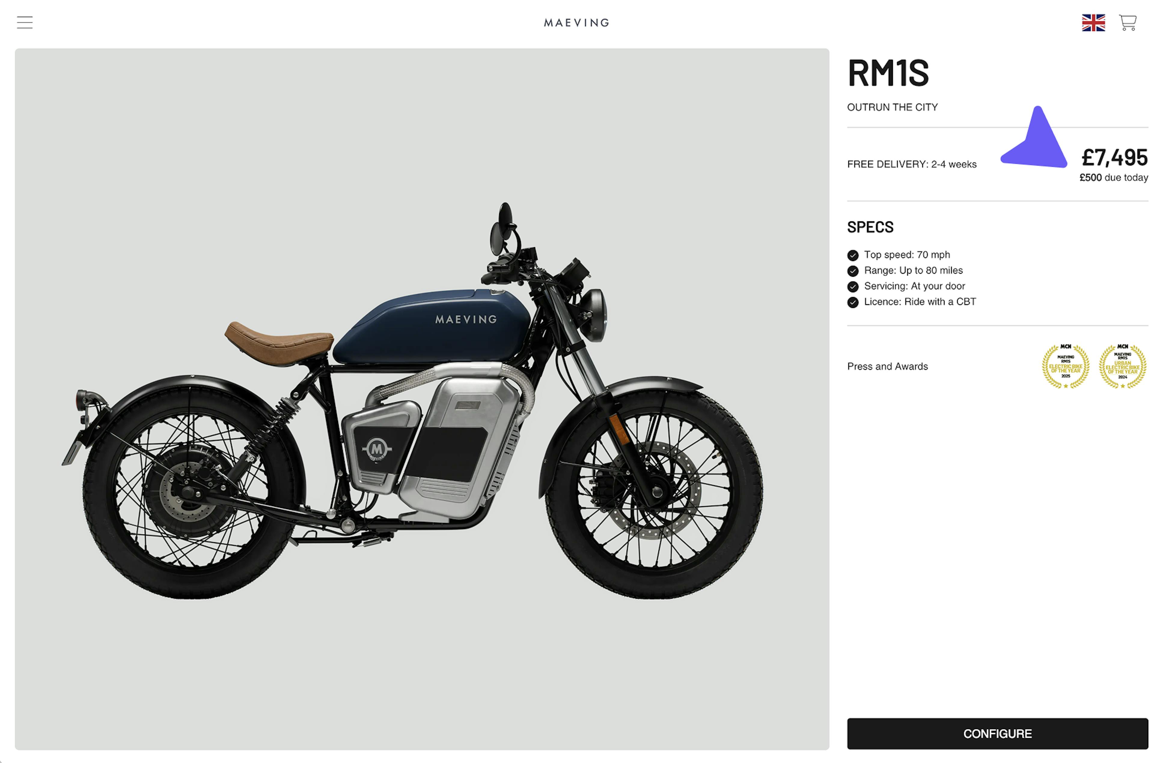 Maeving product page with £500 deposit upfront