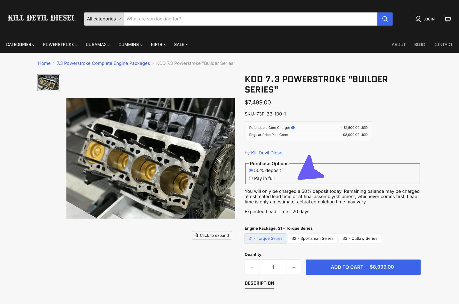 Kill Devil Diesel product page with 50% Shopify deposit