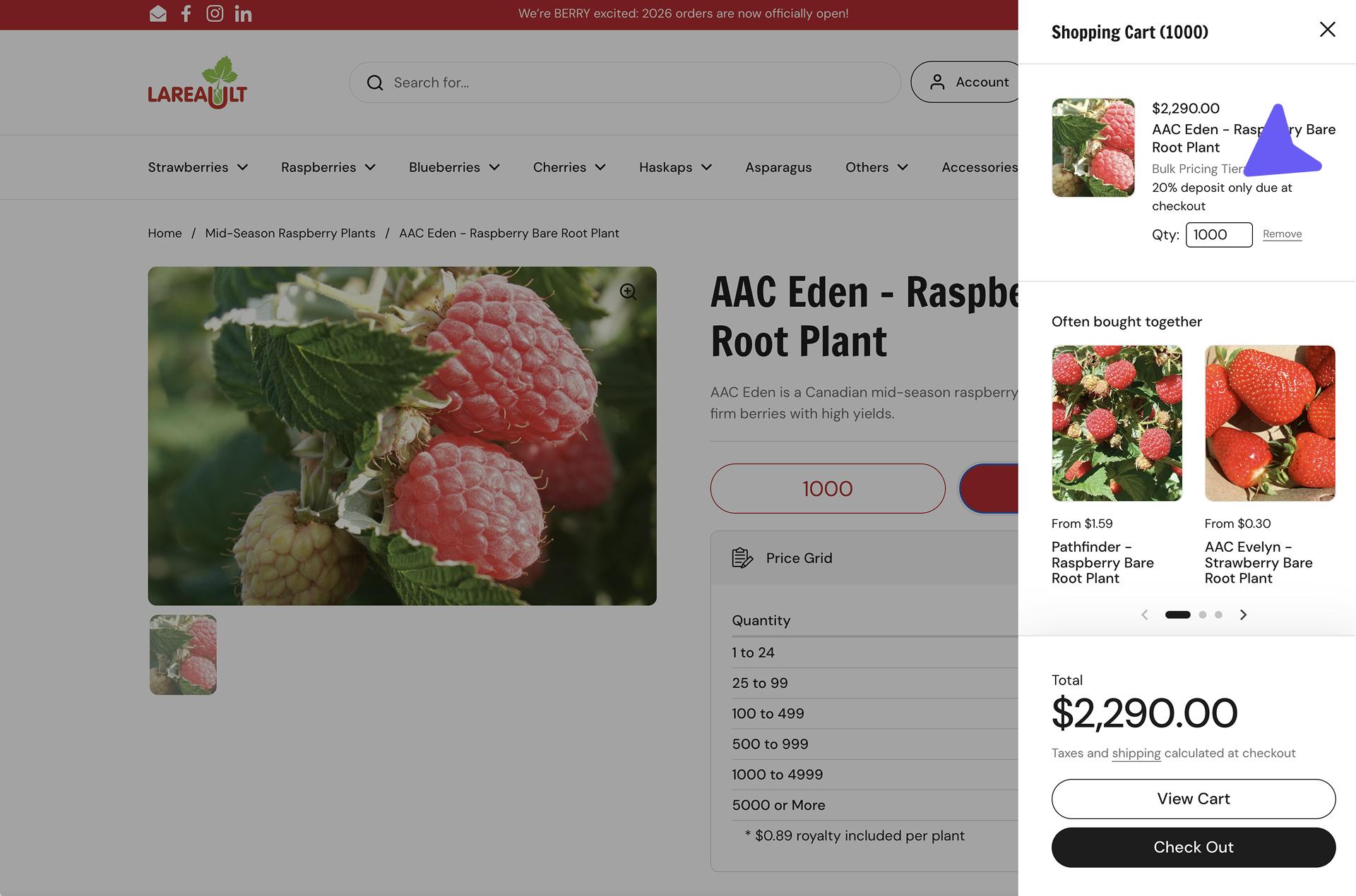 Production Lareault product page and cart drawer