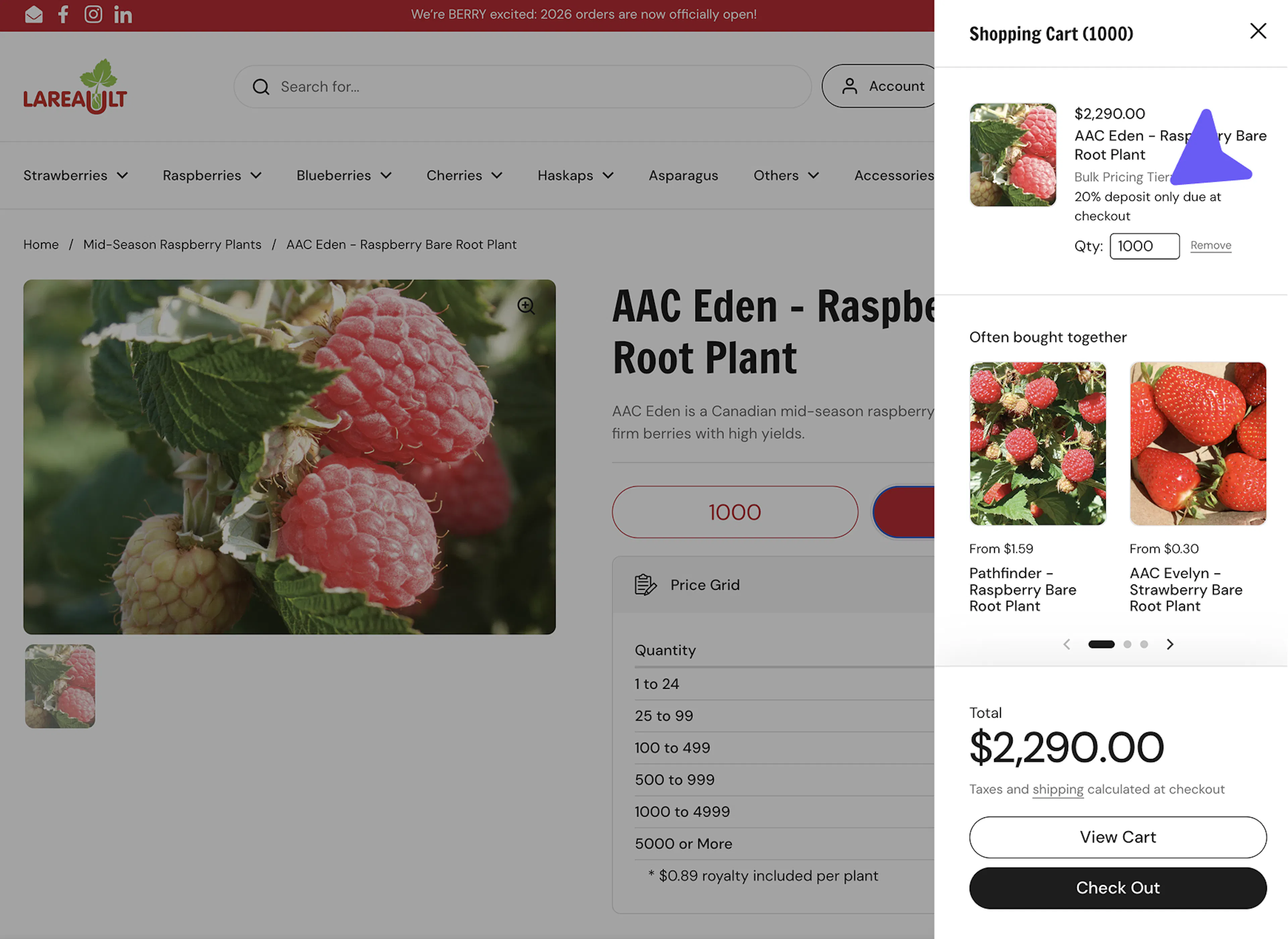 Production Lareault product page and cart drawer