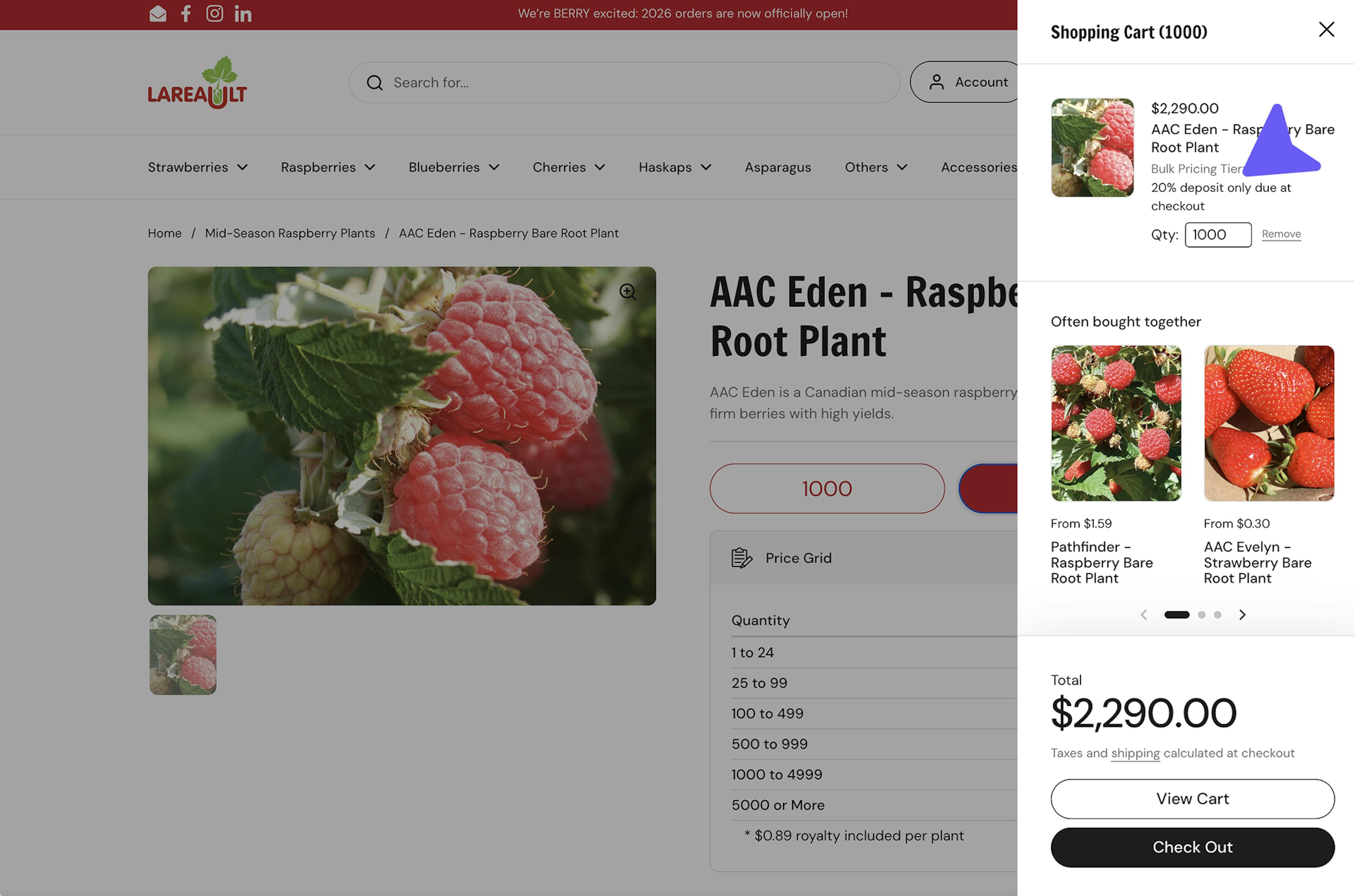 Production Lareault product page and cart drawer