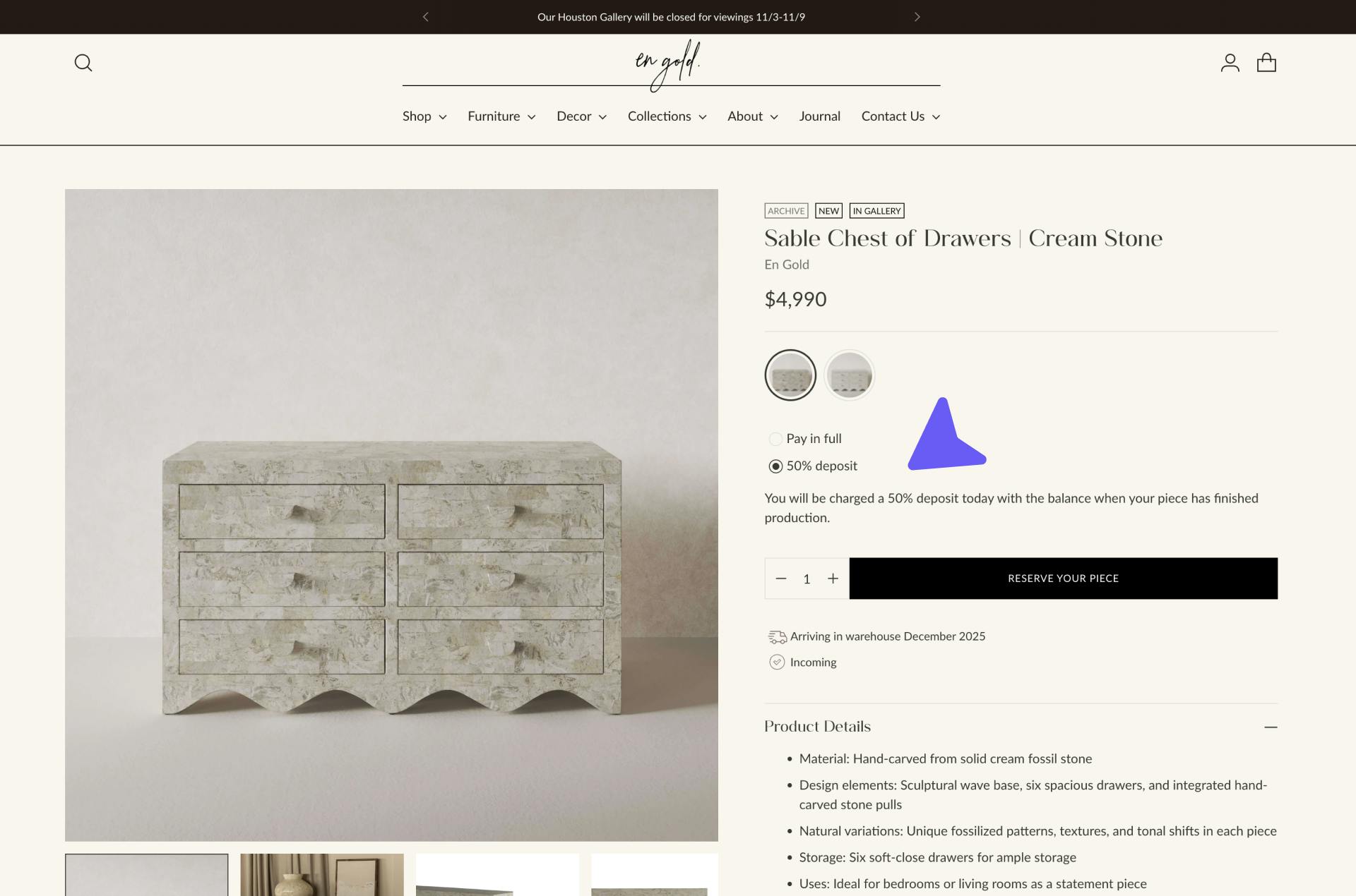 En Gold product page with deposit for furniture with lead times on Shopify