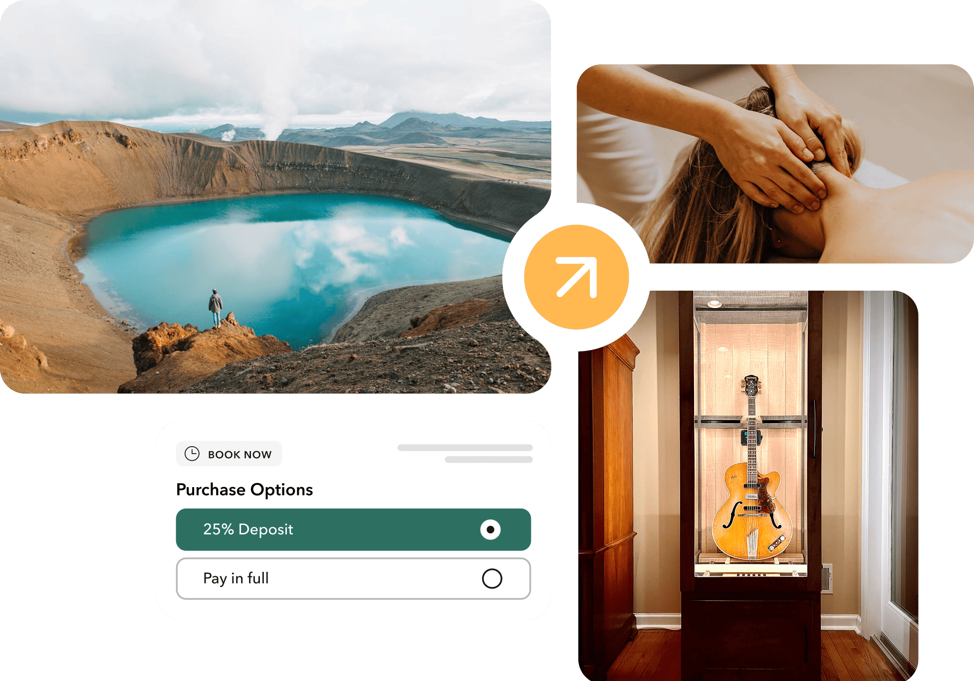 Brand lookbook examples: travel to Iceland, massage bookings, and custom guitar display cases.