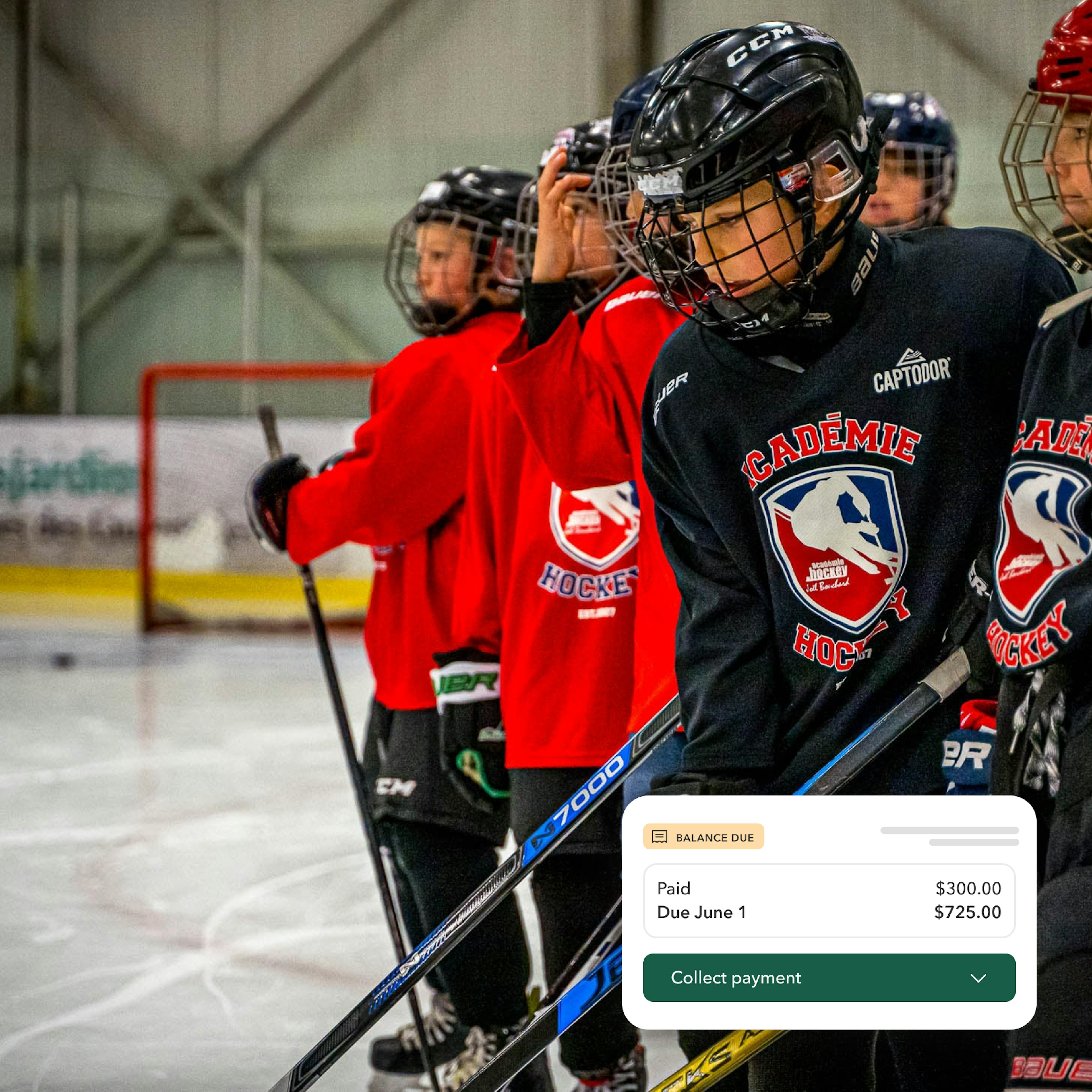 Boys at a hockey camp and a Downpay product block showing a balance paid and and a balance due