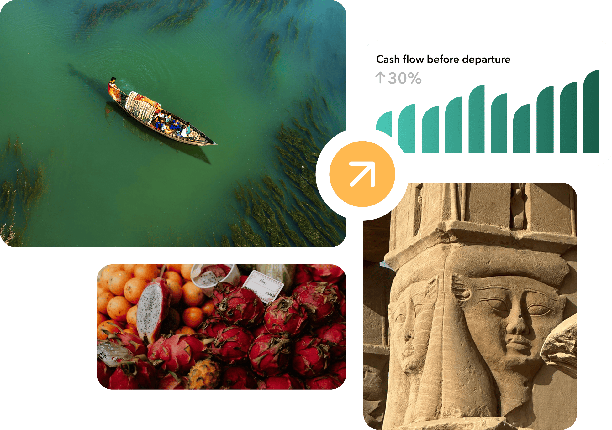 Fruit at a market, a graph showing cash flow improving, a boat carrying people on green water, an Egyptian carving