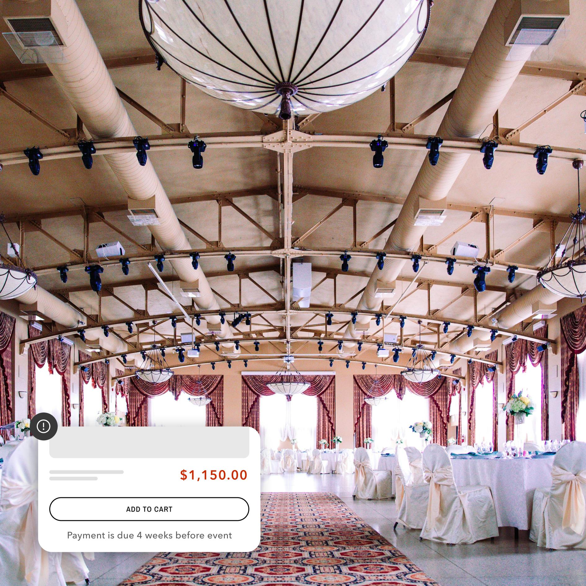 Wedding venue with dialog box showing "Add to cart" and "payment is due 4 weeks before event"