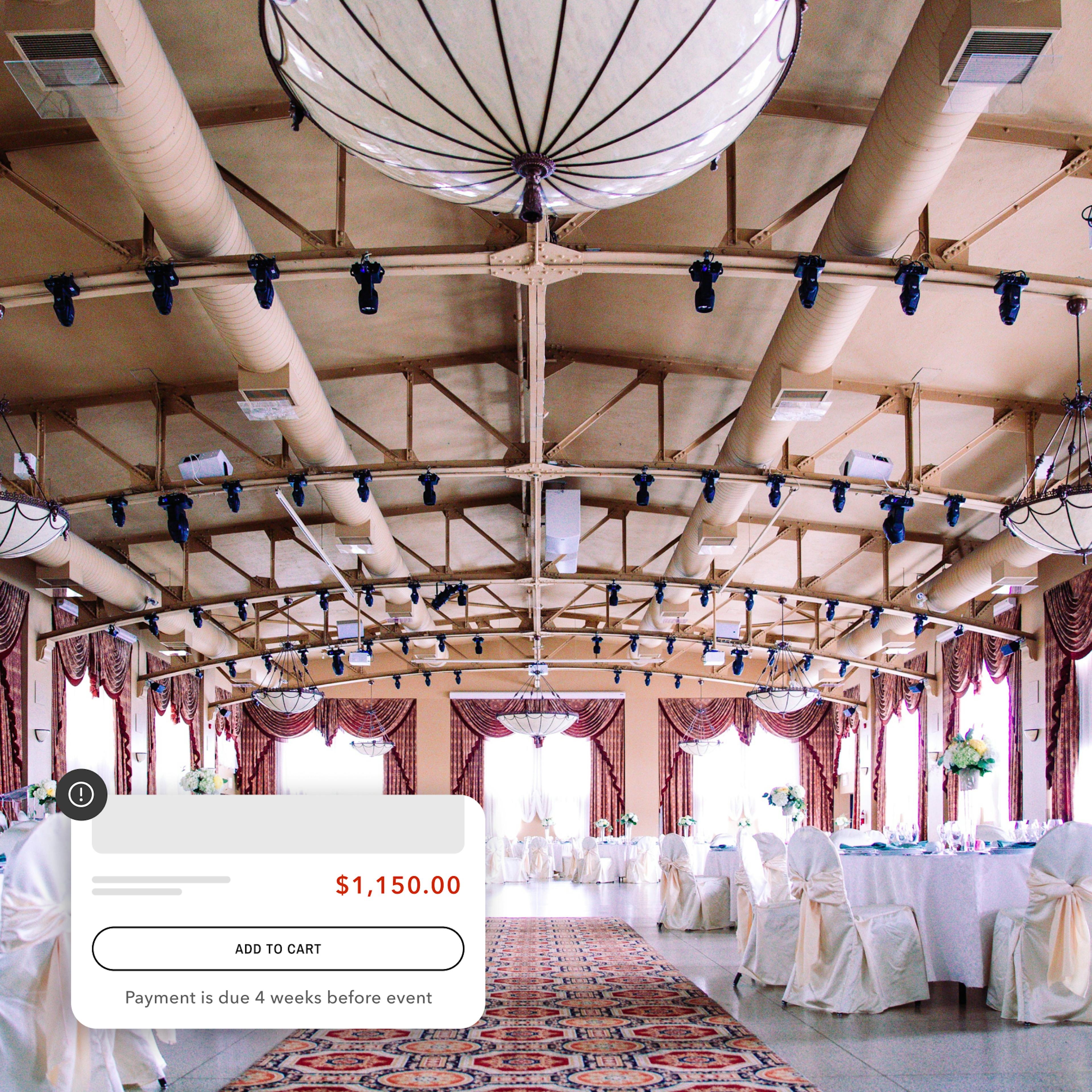 Wedding venue with dialog box showing "Add to cart" and "payment is due 4 weeks before event"