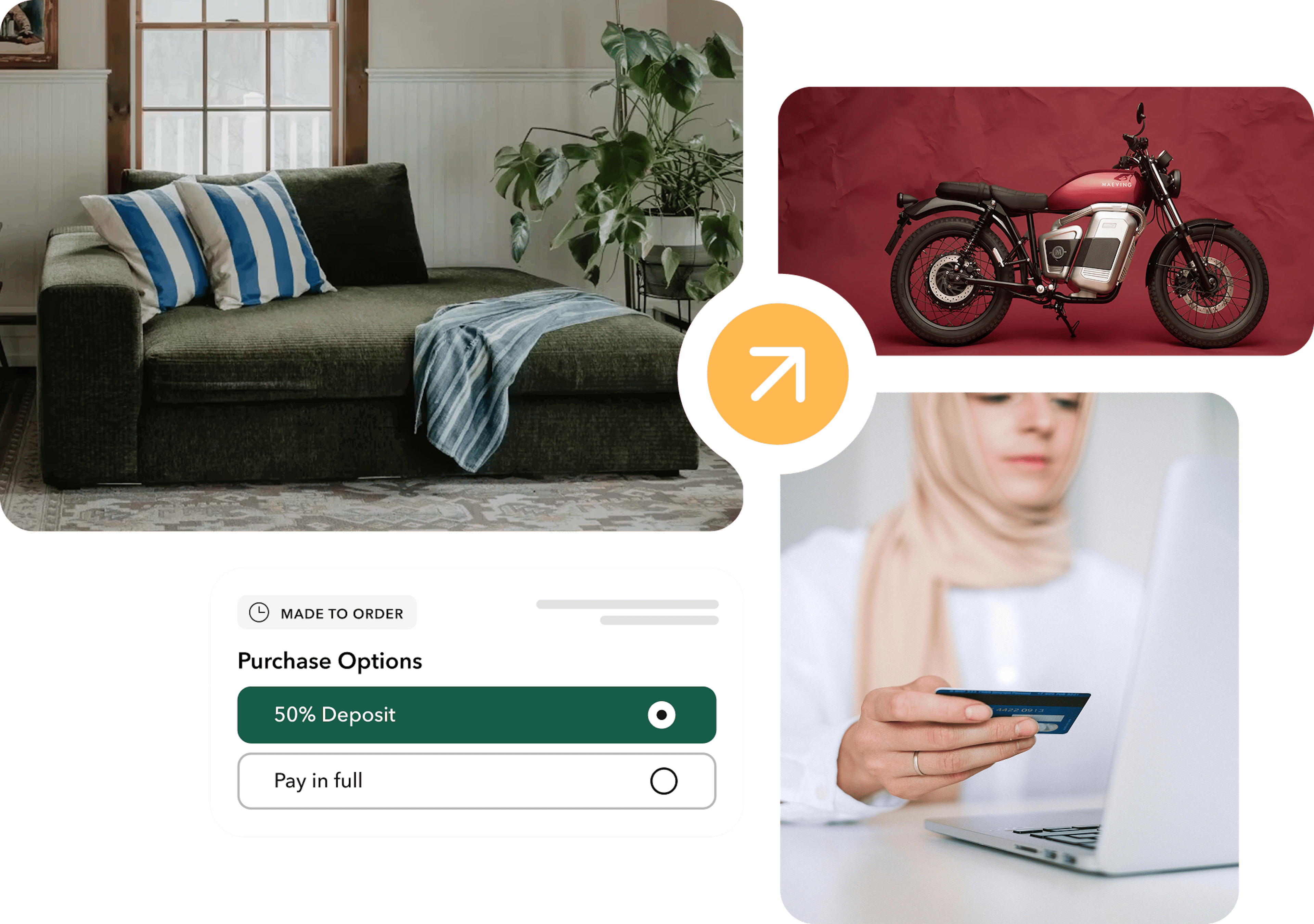 Pay with deposit block, woman paying with credit card, custom couch, electric motorcycle