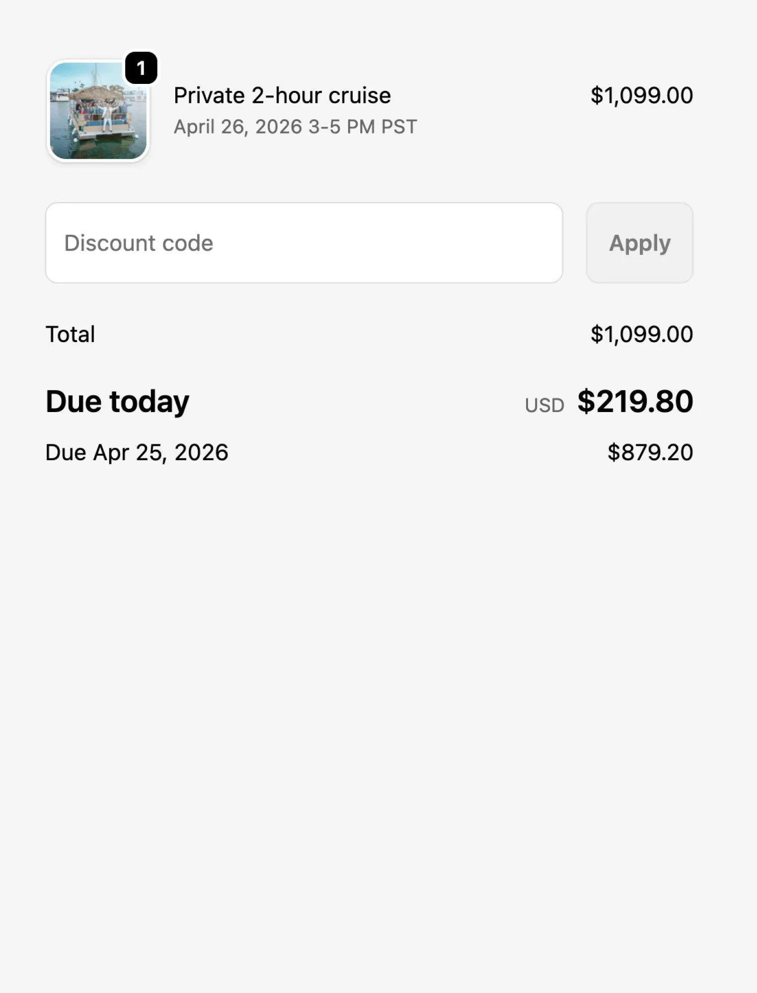 Magical Tiki charter boat checkout with deposit amount and balance due date