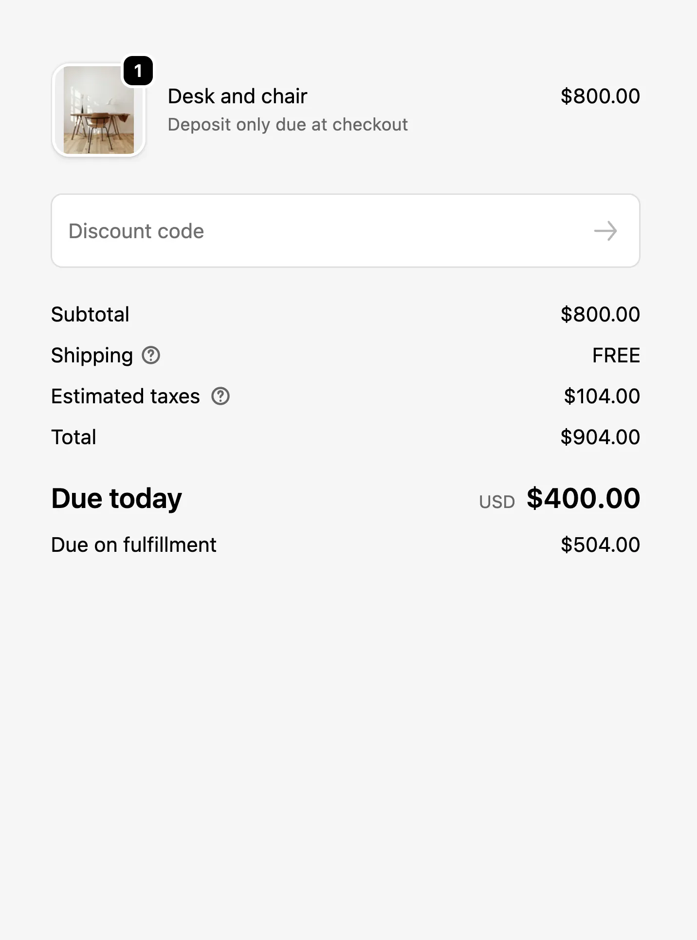 Shopify checkout with due today and due on fulfillment labels for deposit and balance amounts