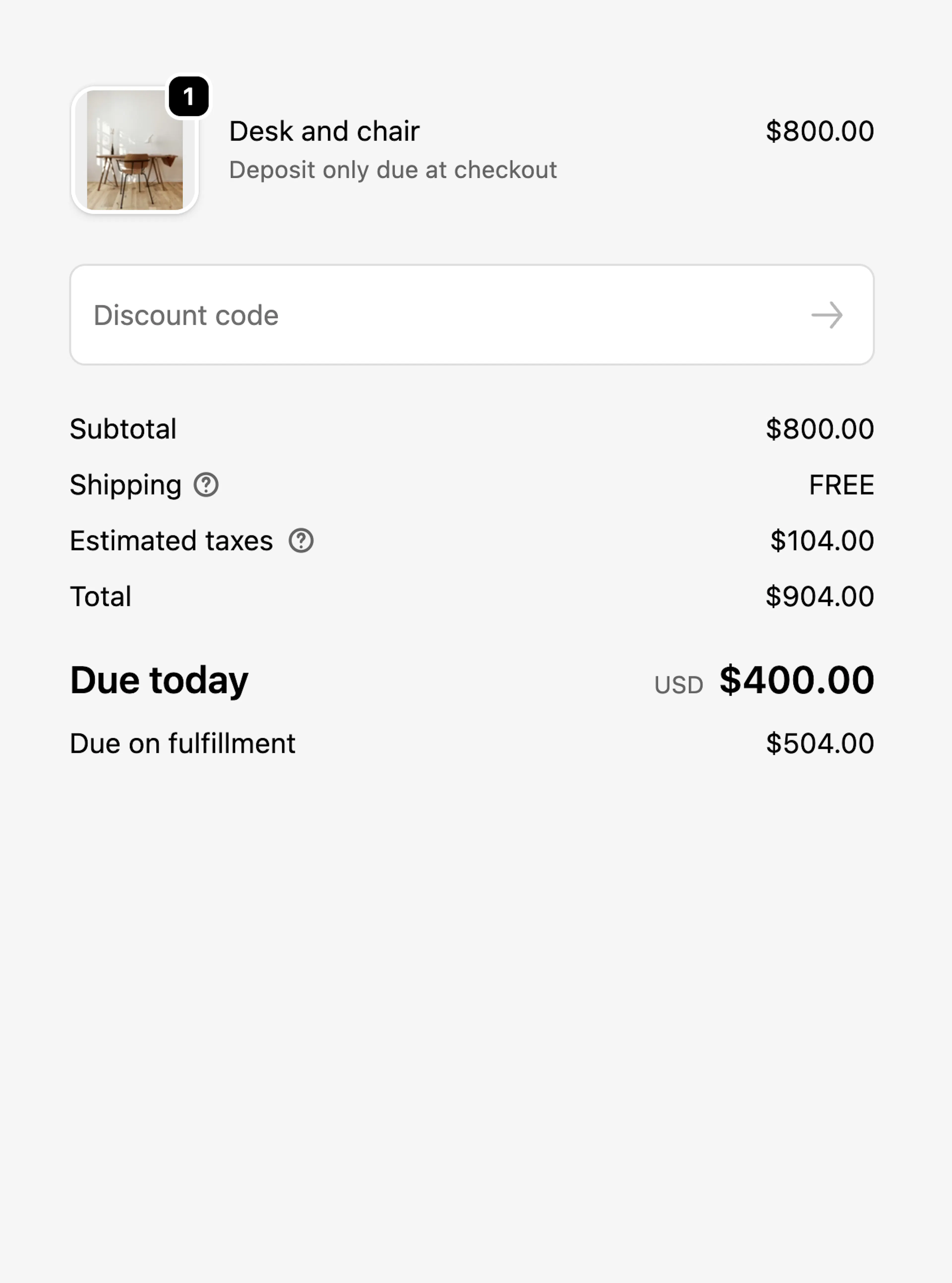 Shopify checkout with due today and due on fulfillment labels for deposit and balance amounts