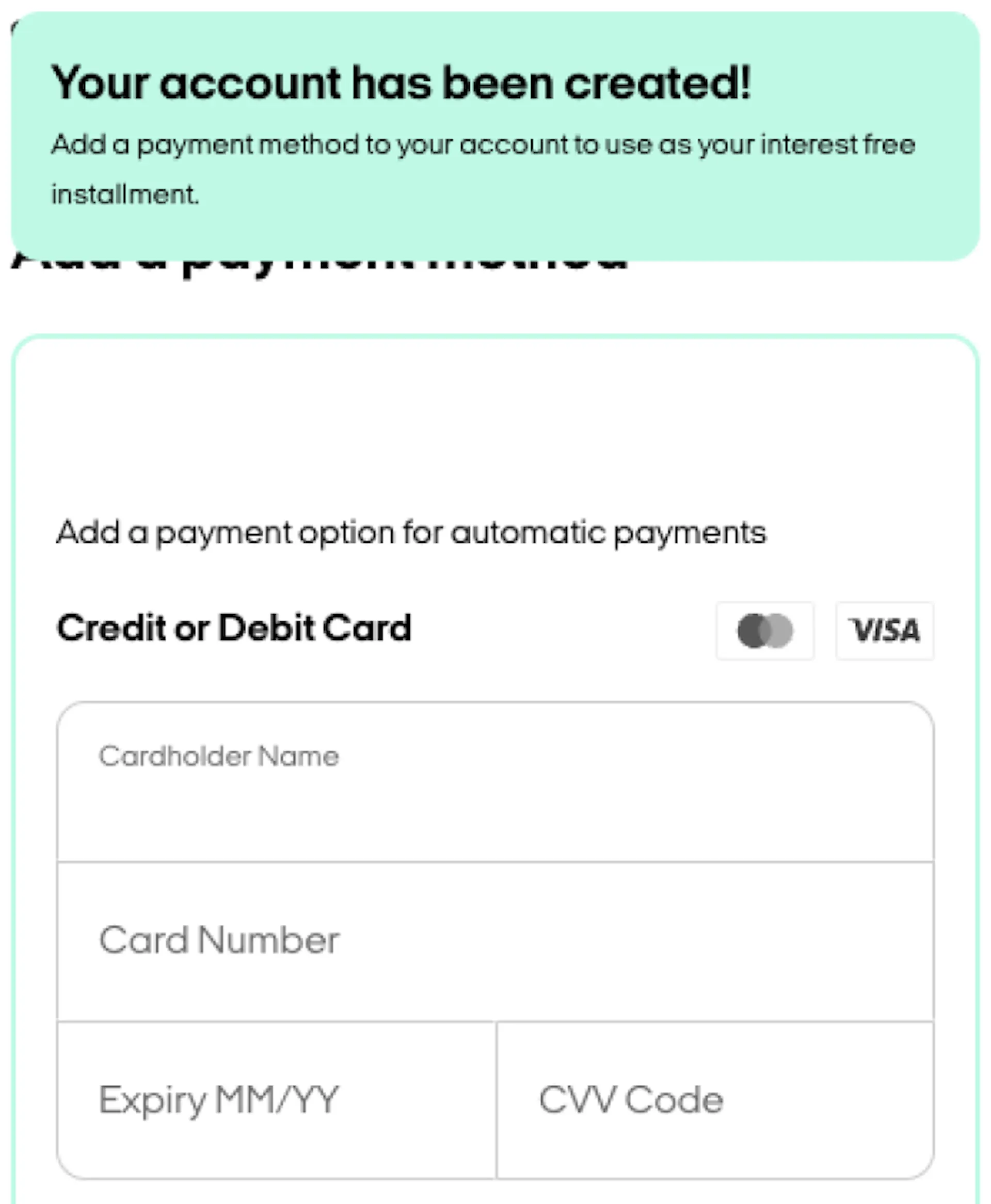 Afterpay Buy Now, Pay Later new account creation and credit card detail entry during Shopify checkout
