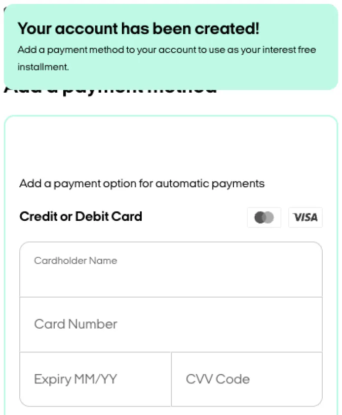 Afterpay Buy Now, Pay Later new account creation and credit card detail entry during Shopify checkout