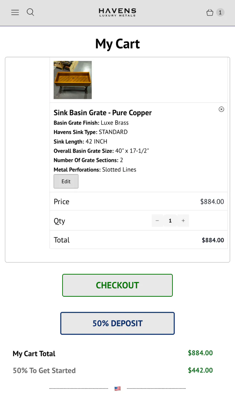 Downpay cart-level deposit option on Havens Luxury Metals cart