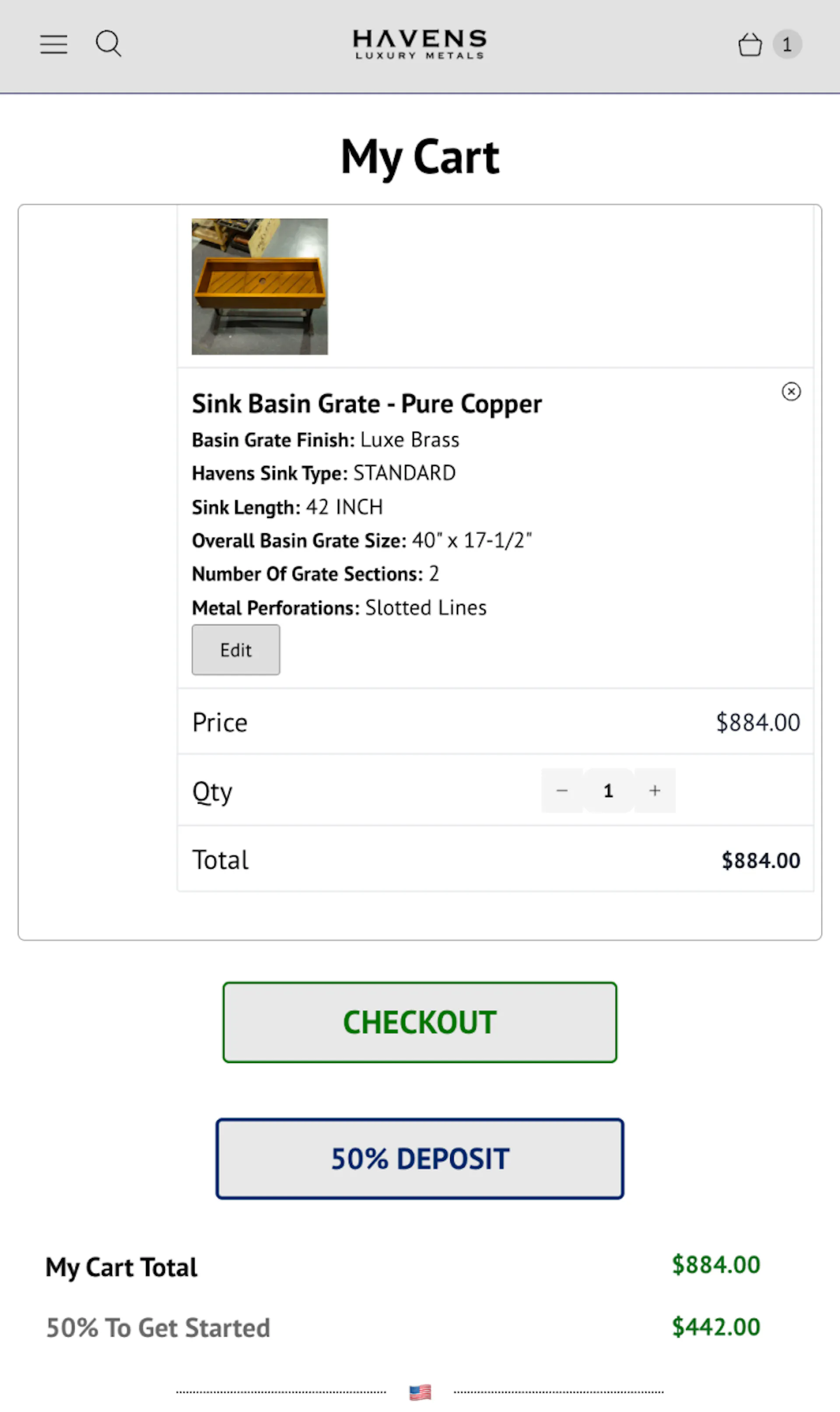 Downpay cart-level deposit option on Havens Luxury Metals cart