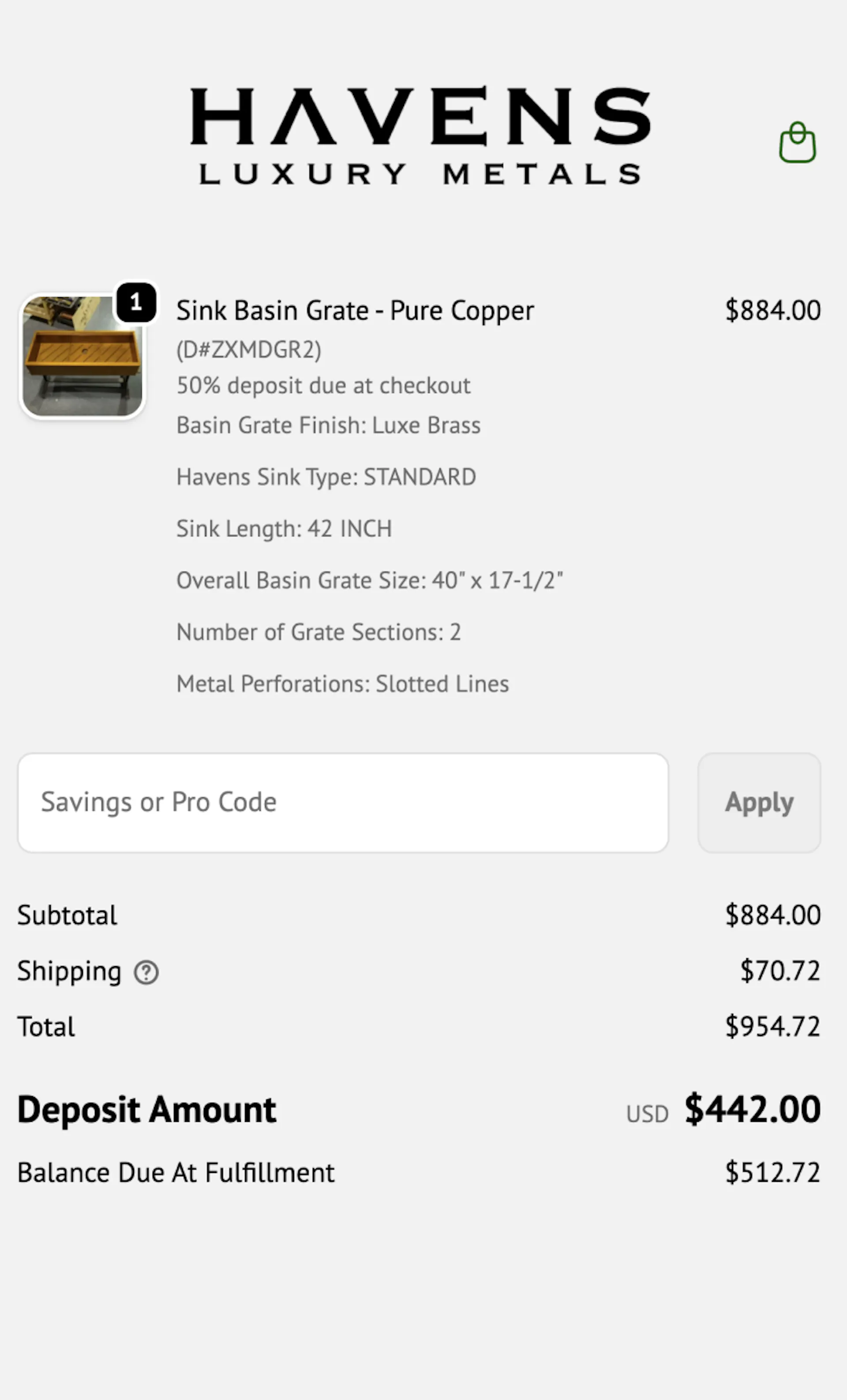 Checking out with Downpay deposit option with Havens Luxury Metals