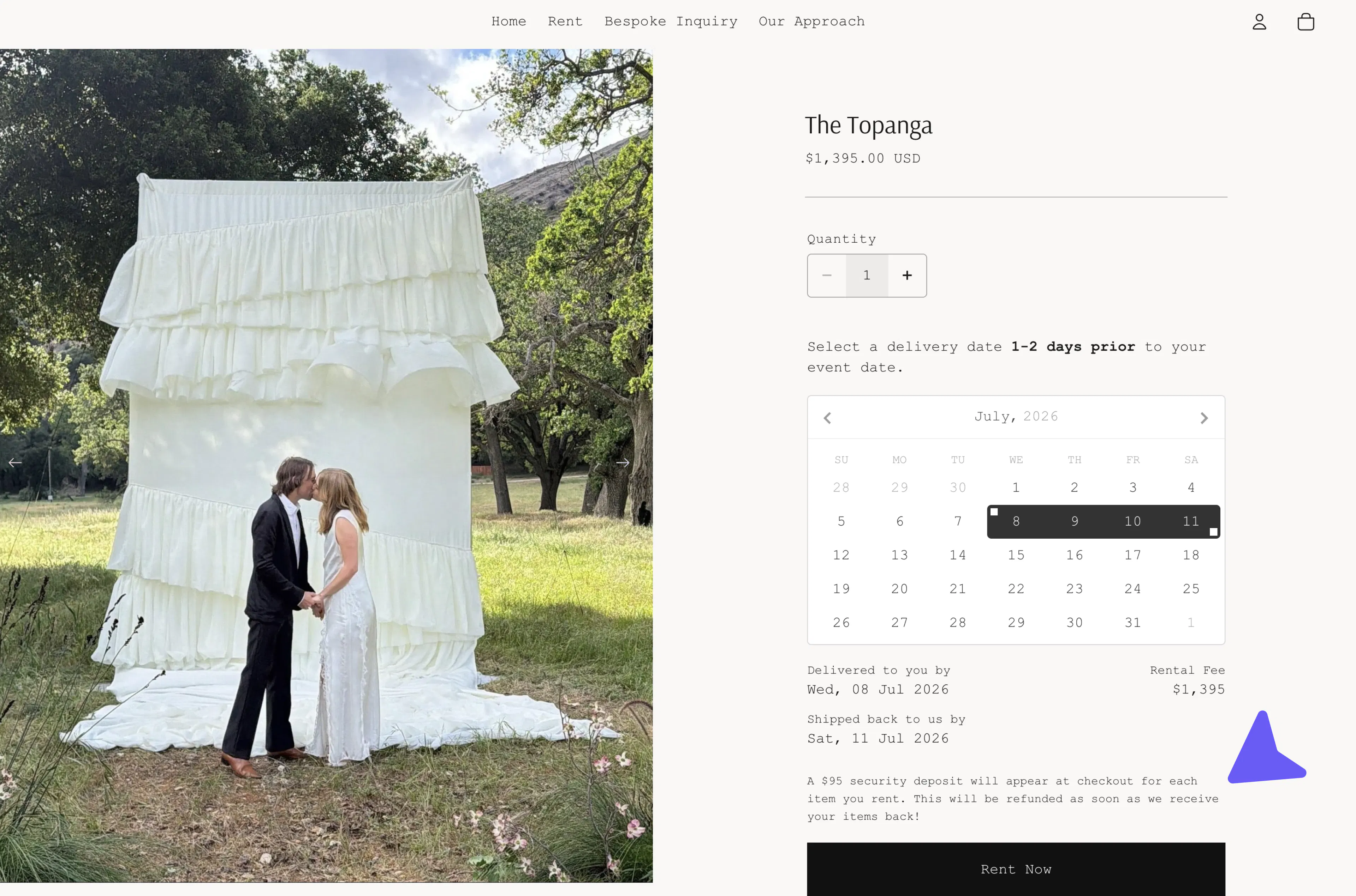 Shopify product page for Rosalia Road with security deposit and 50% split payment