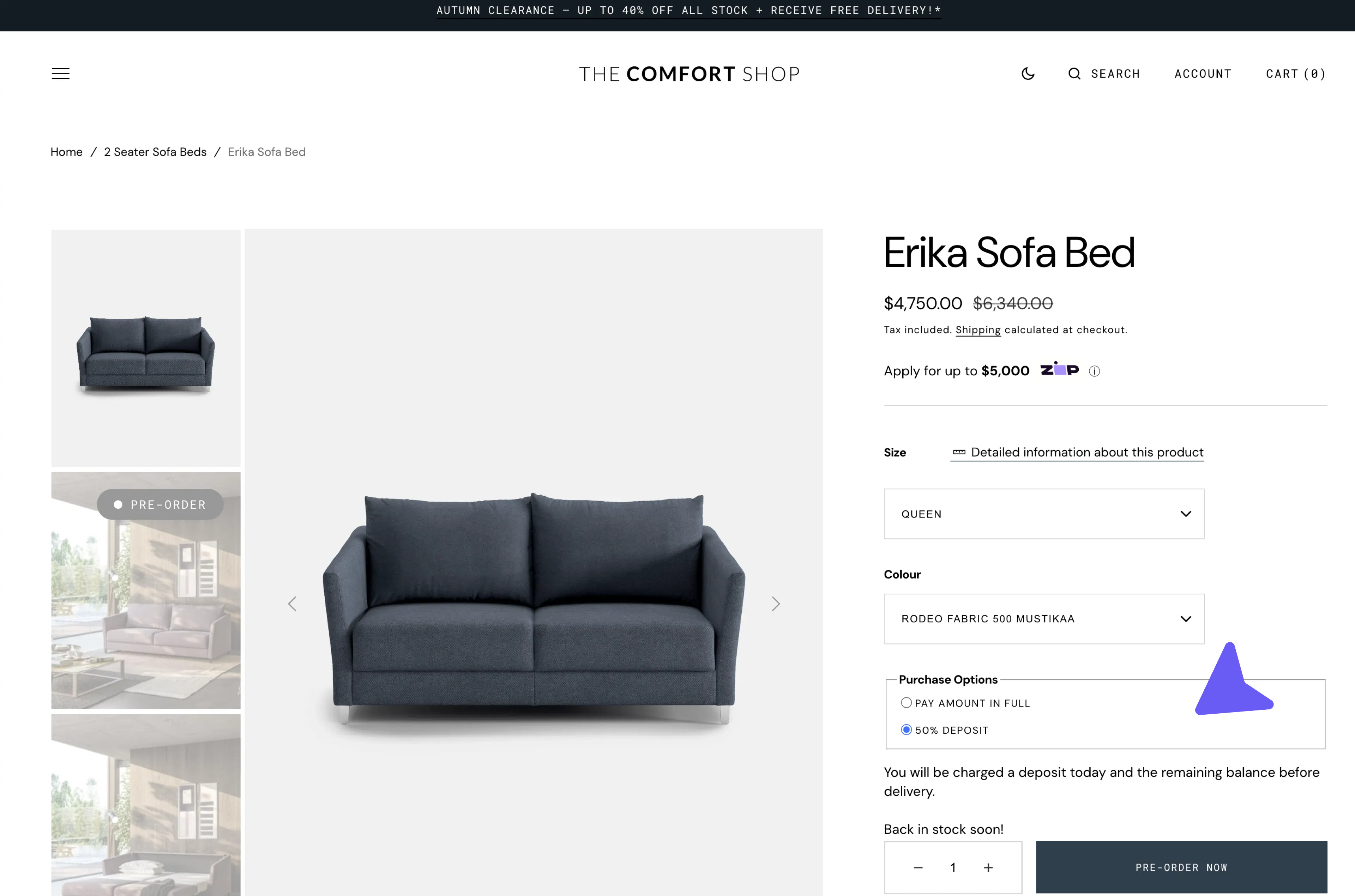 The Comfort Shop Shopify preorder product page for sofa