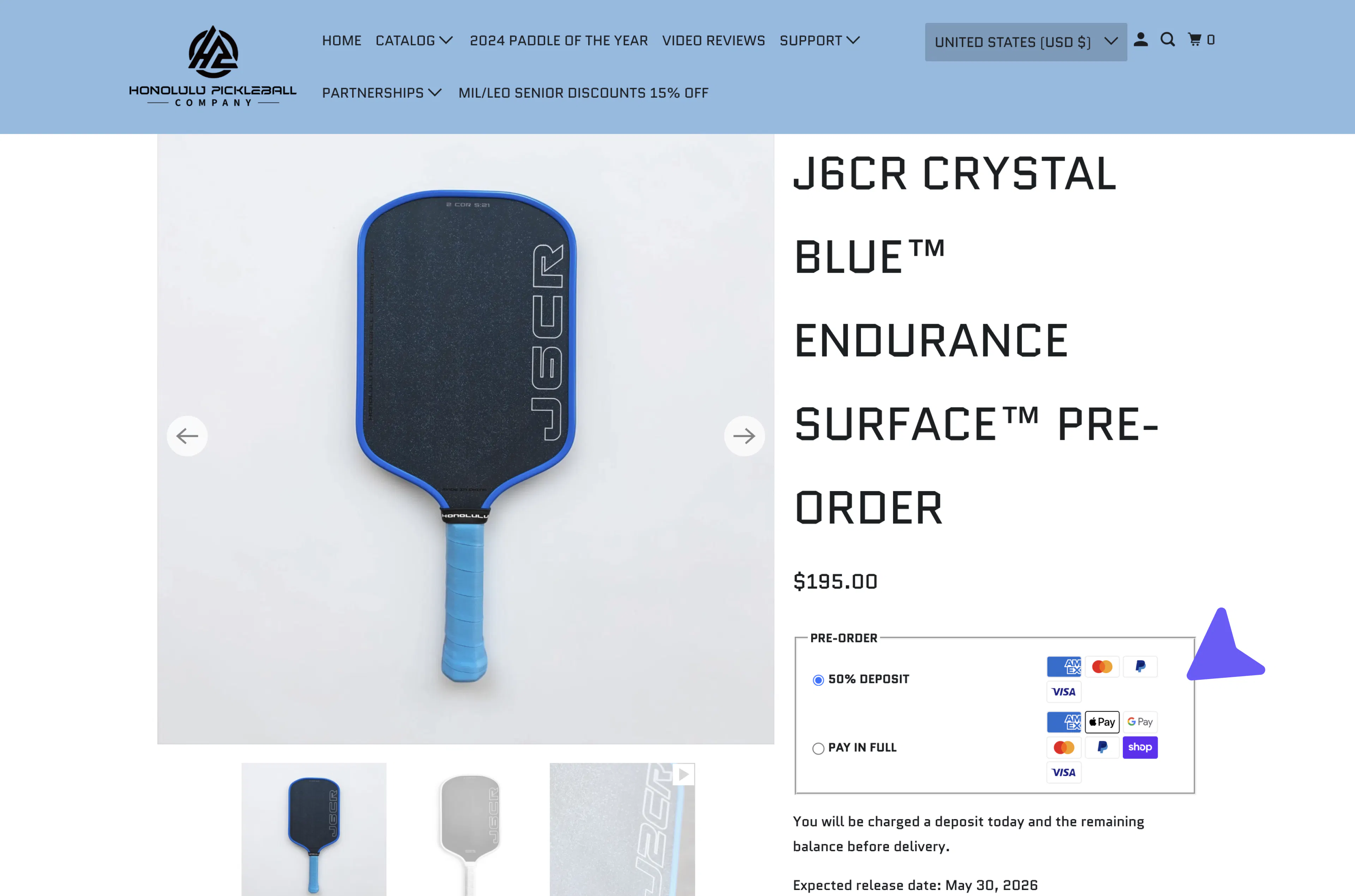 Honolulu pickleball paddle Shopify preorder product page