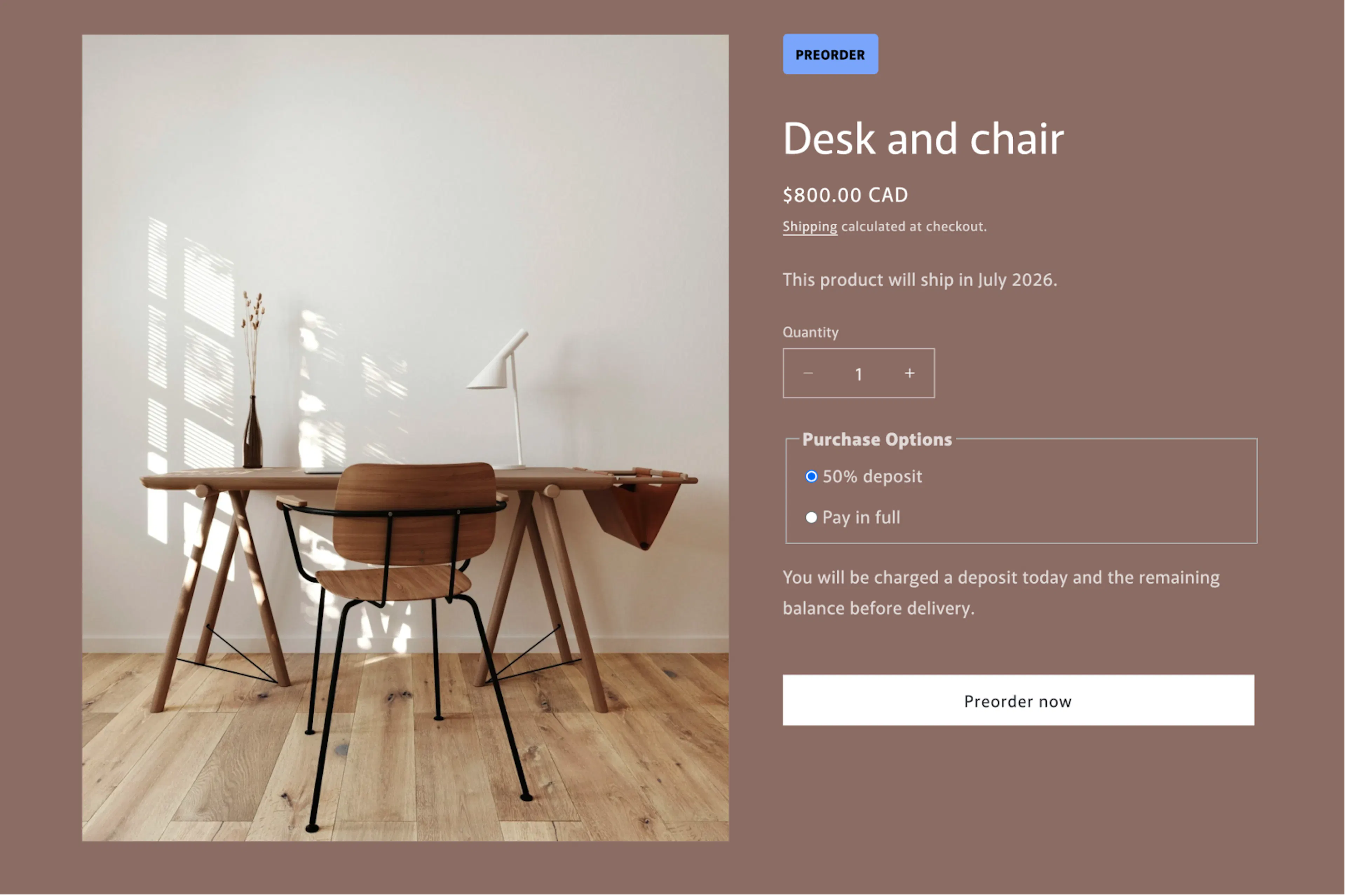 Shopify product page using Downpay for pre-order deposits
