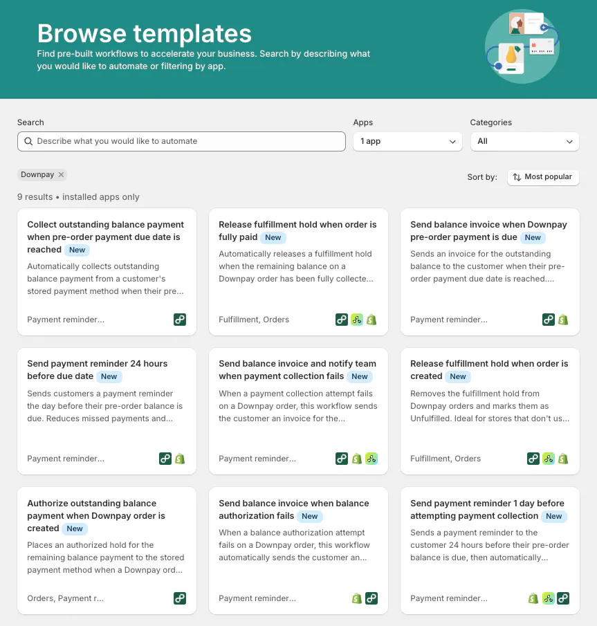 Downpay's Shopify flow partial payment automation templates in the Shopify Flow template library