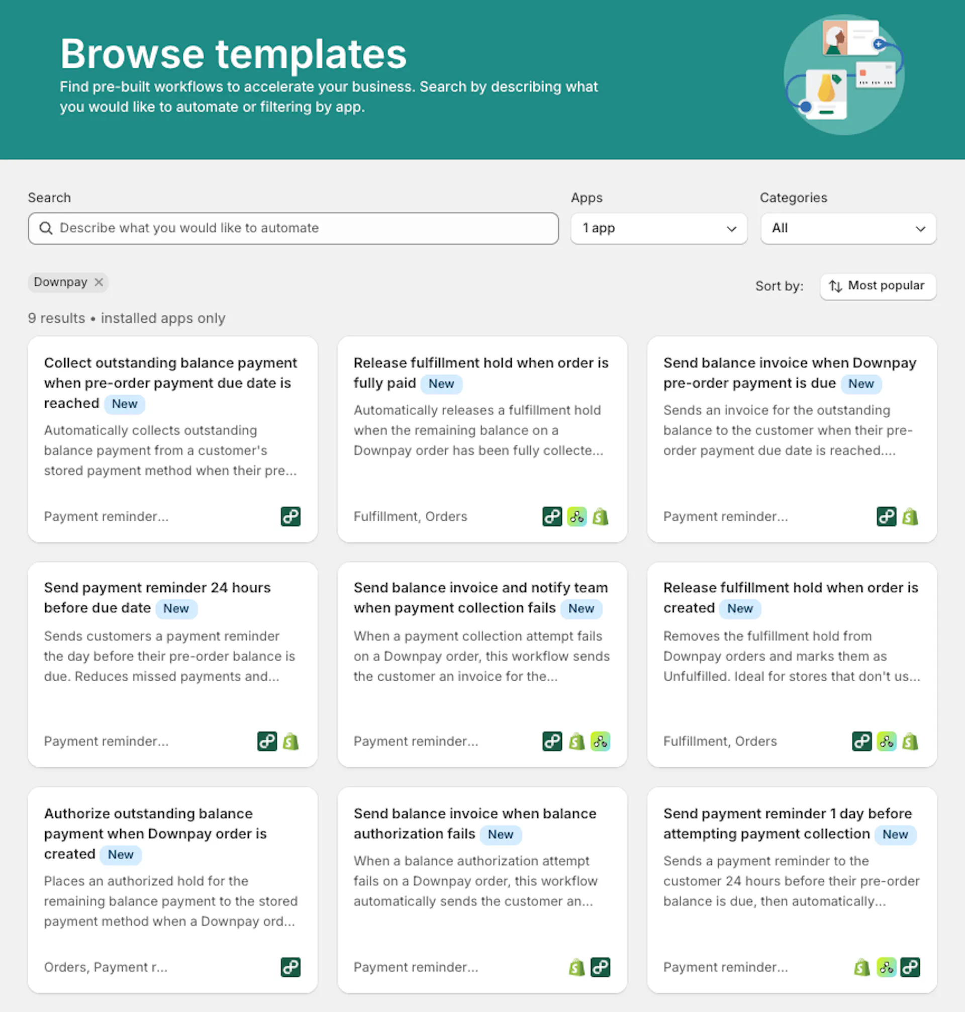 Downpay's Shopify flow partial payment automation templates in the Shopify Flow template library