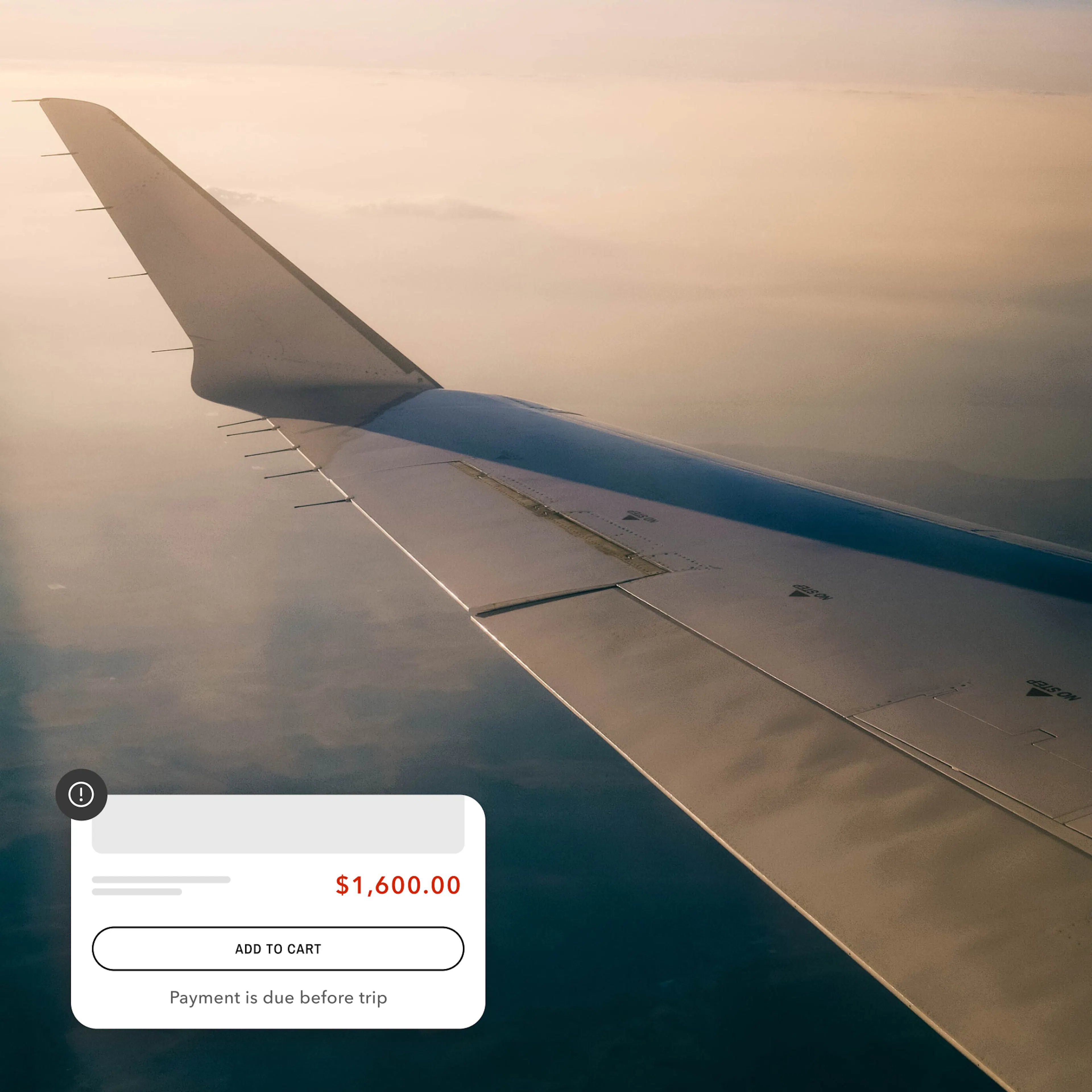 Airplane wing and dialog box with payment due before trip