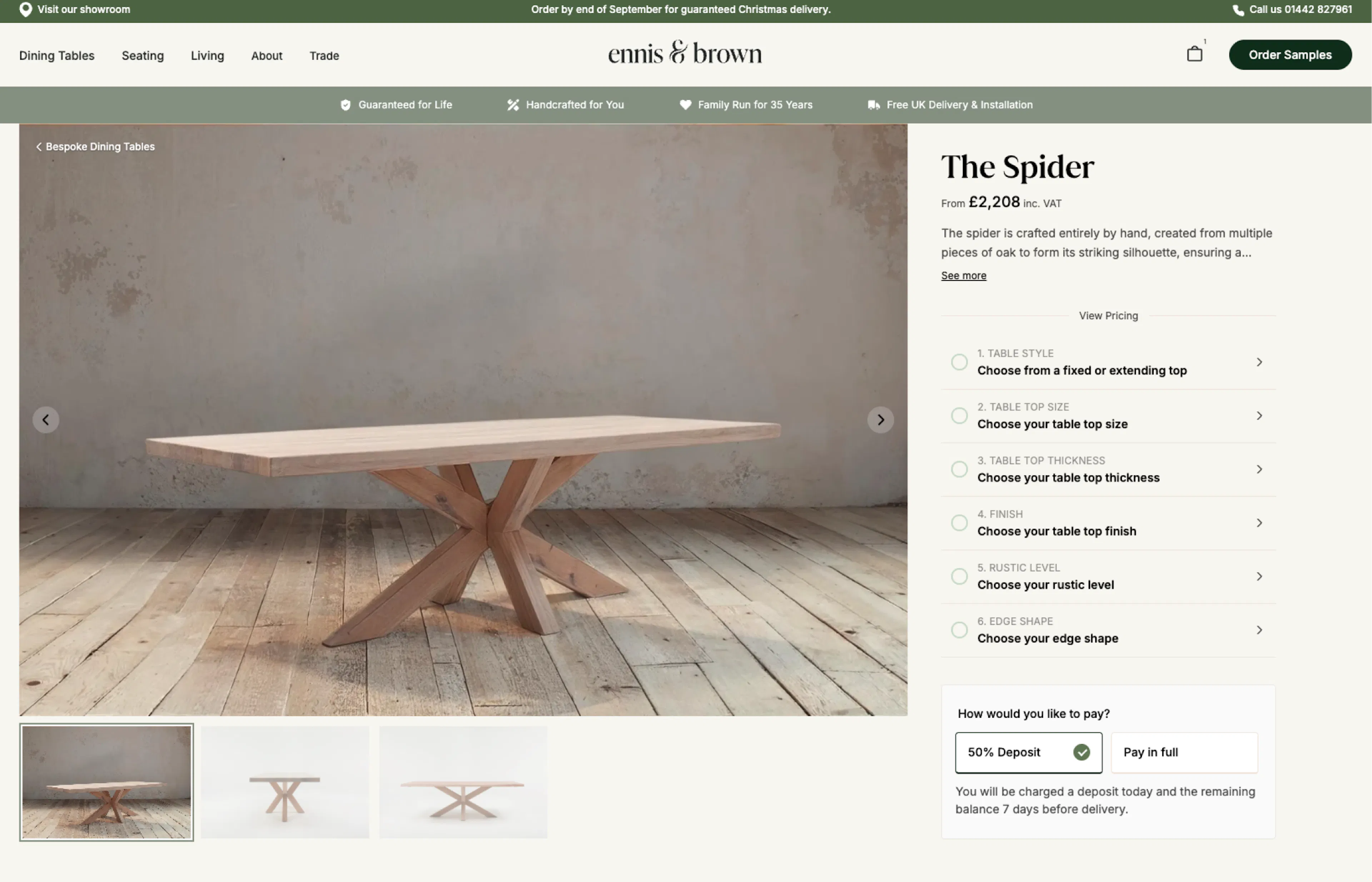 Ennis & Brown product page with configurator and selling plan option