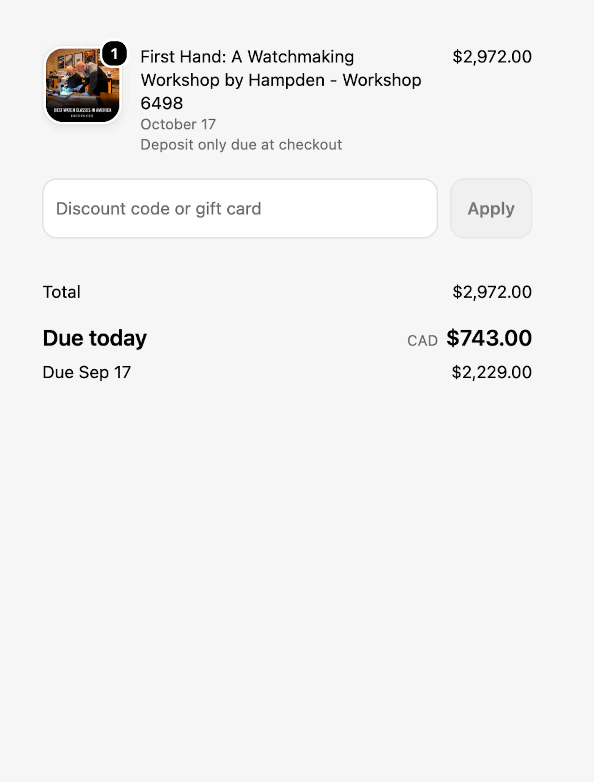 Hampden Watch checkout with Downpay subtotals
