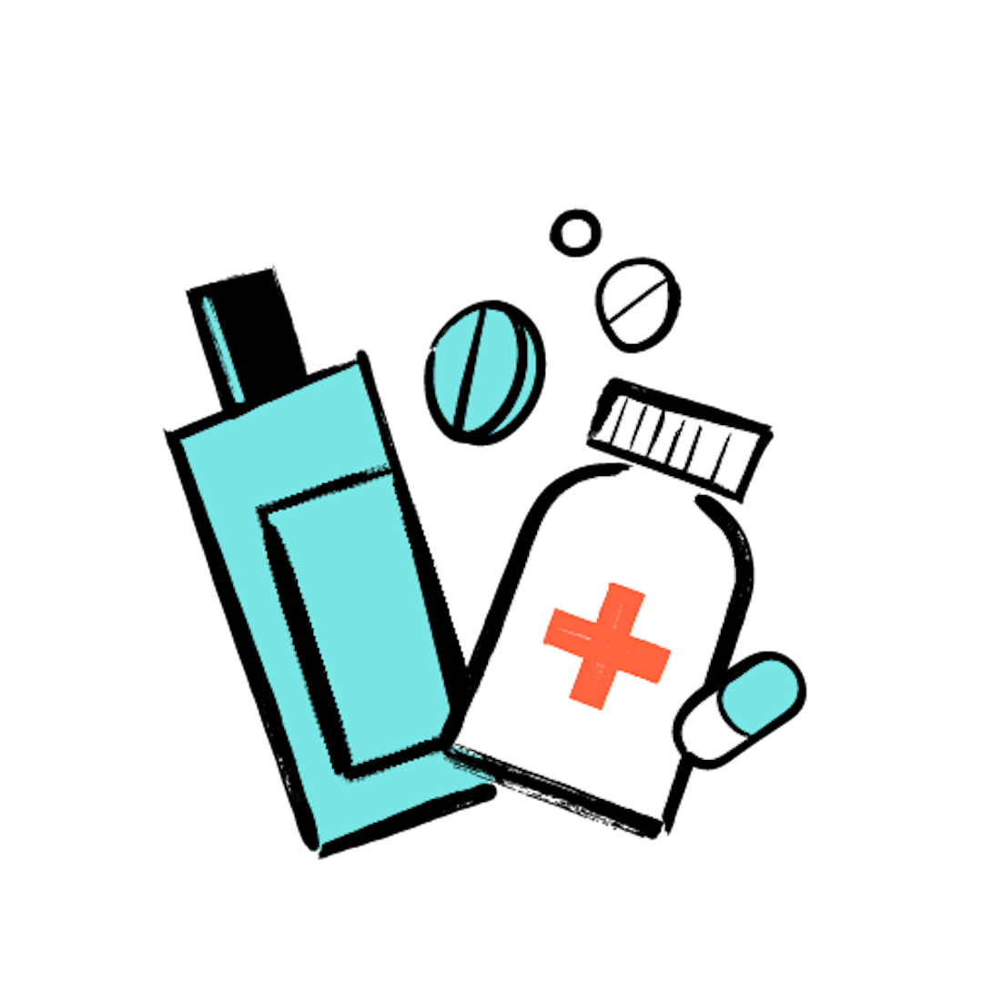 mosh cartoon medication, pills, cream bottle or spray bottle