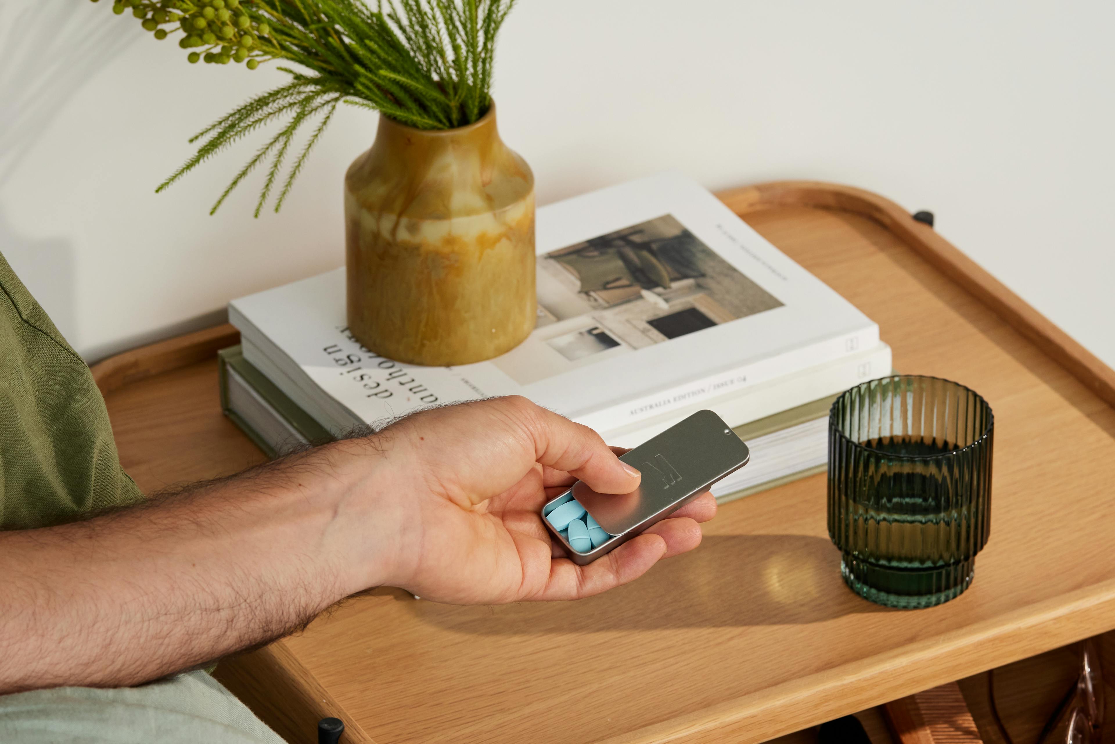 Bedside table blue pills