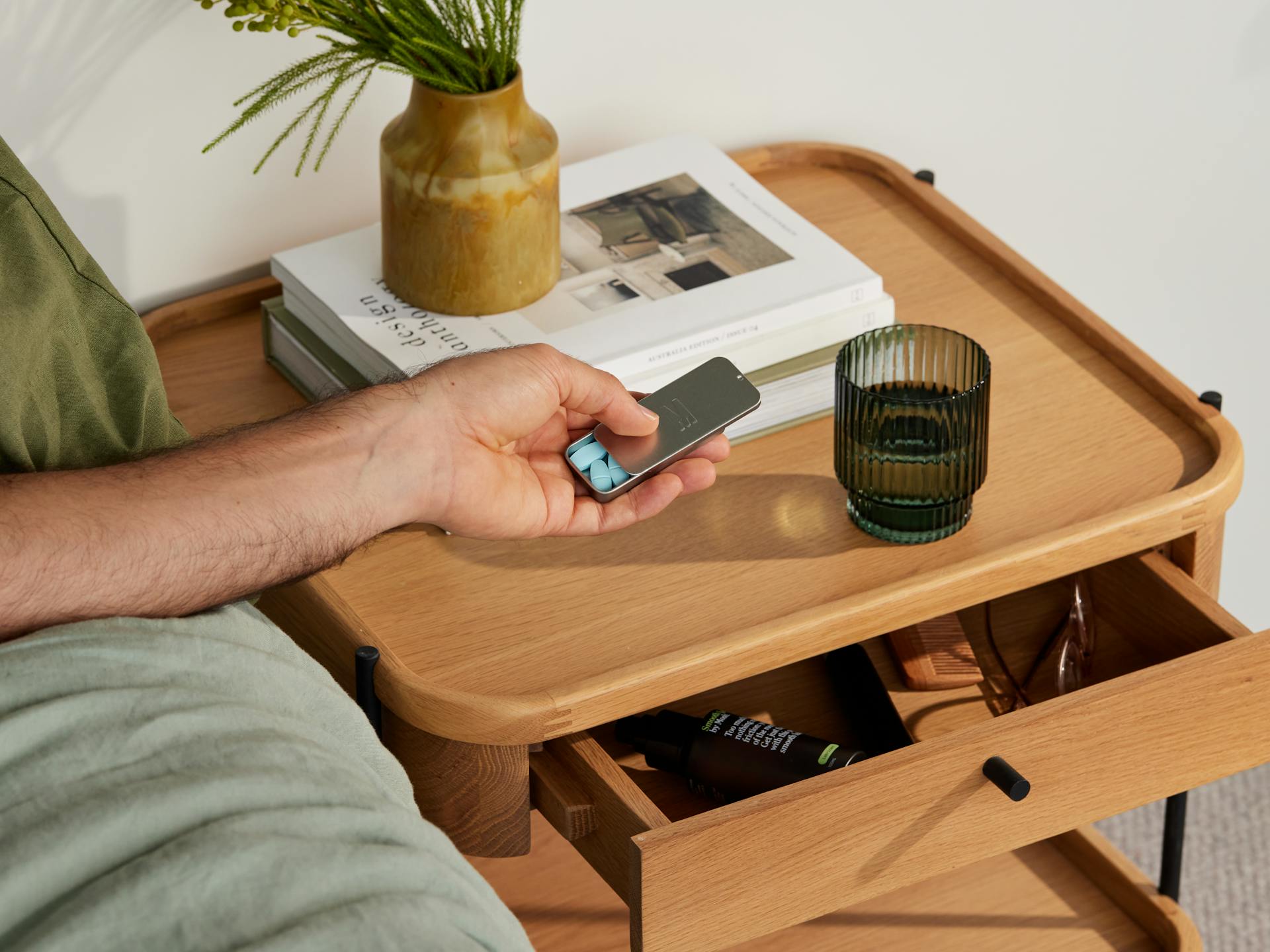 Bedside table blue pills