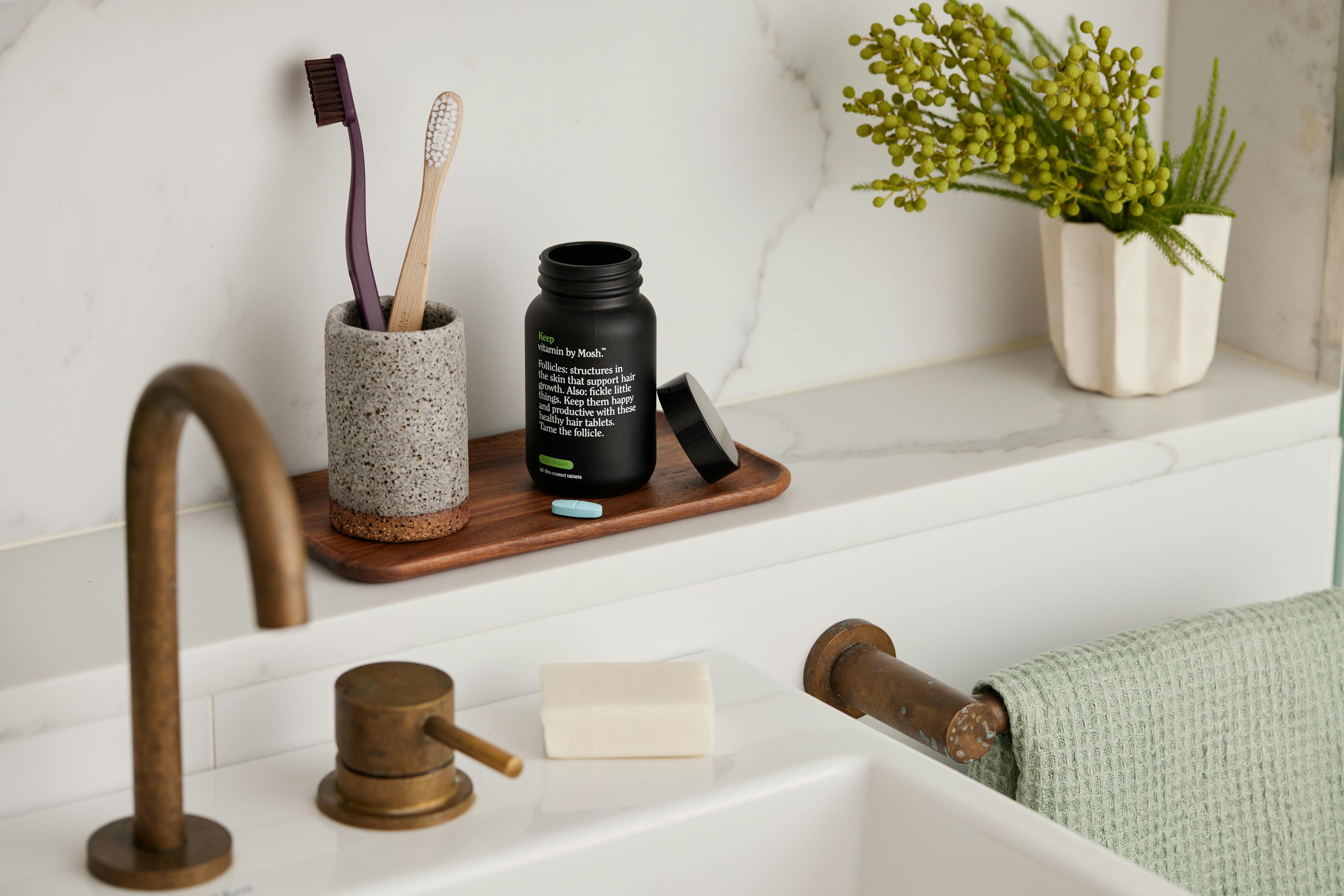 Mosh's Keep hair tablets in the bathroom