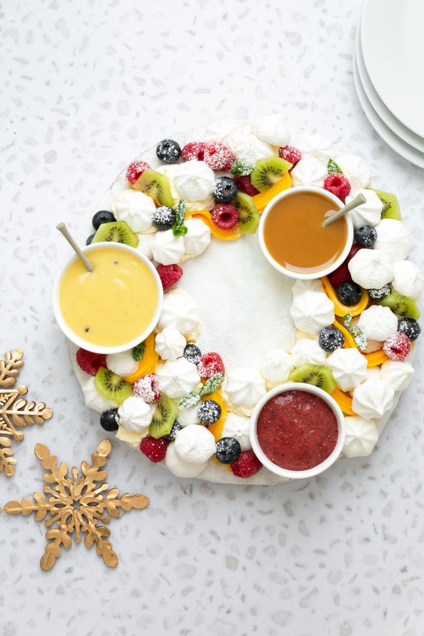 Pavlova Wreath with Decedent Sauces