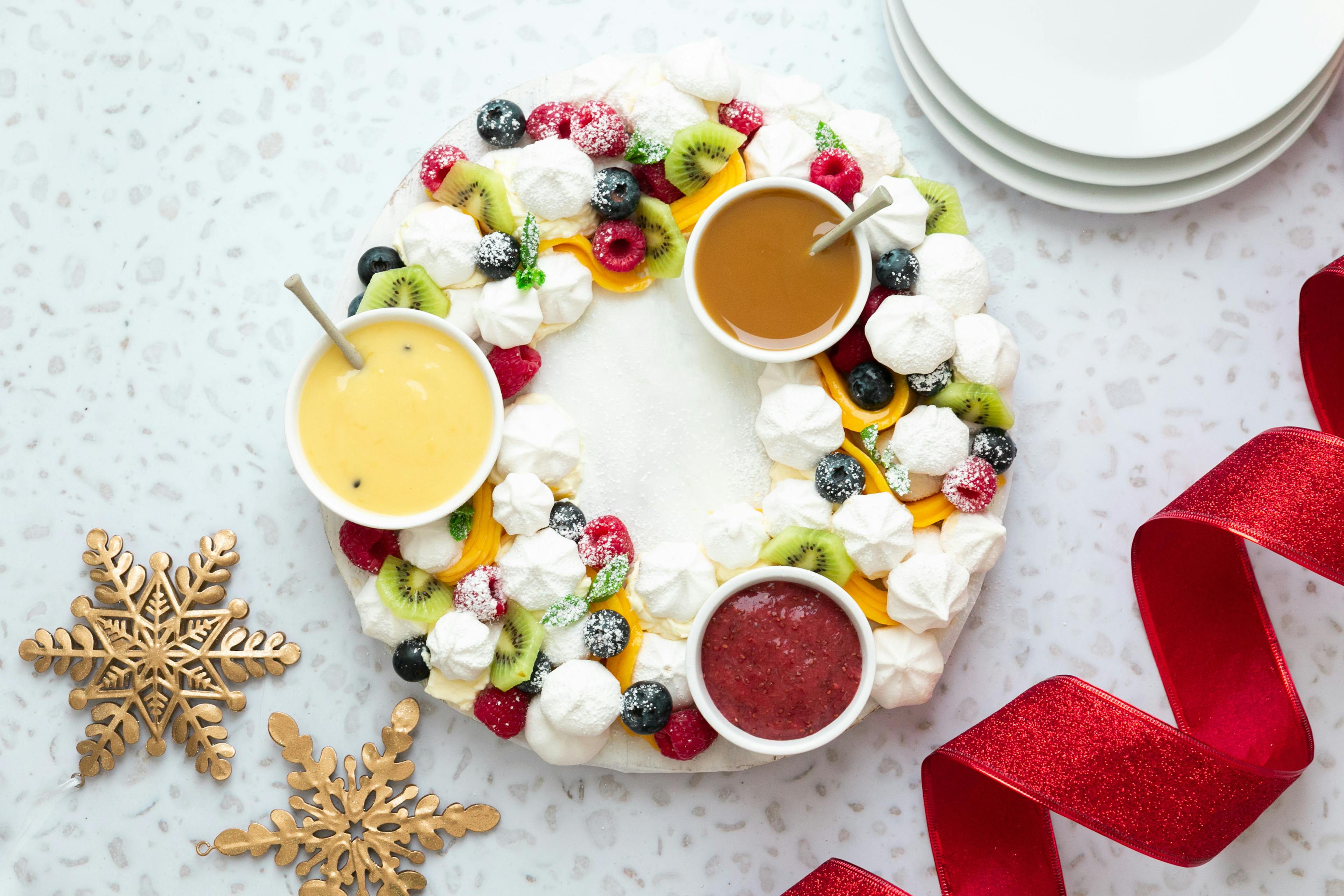 Pavlova Wreath with Decedent Sauces