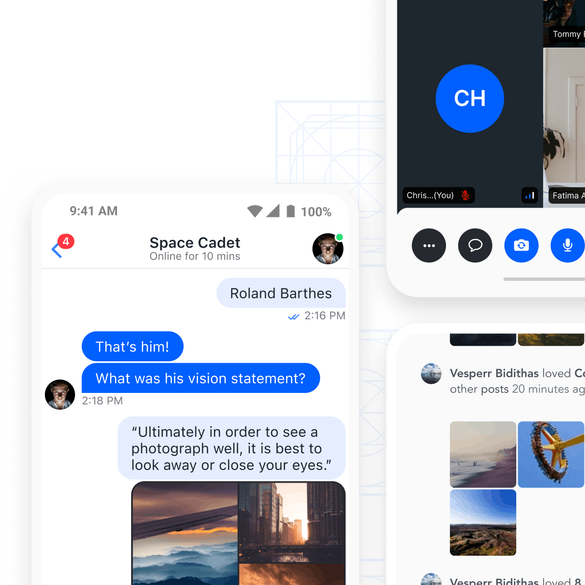 example of chat messaging, video and audio, and activity feeds mockups using light theme