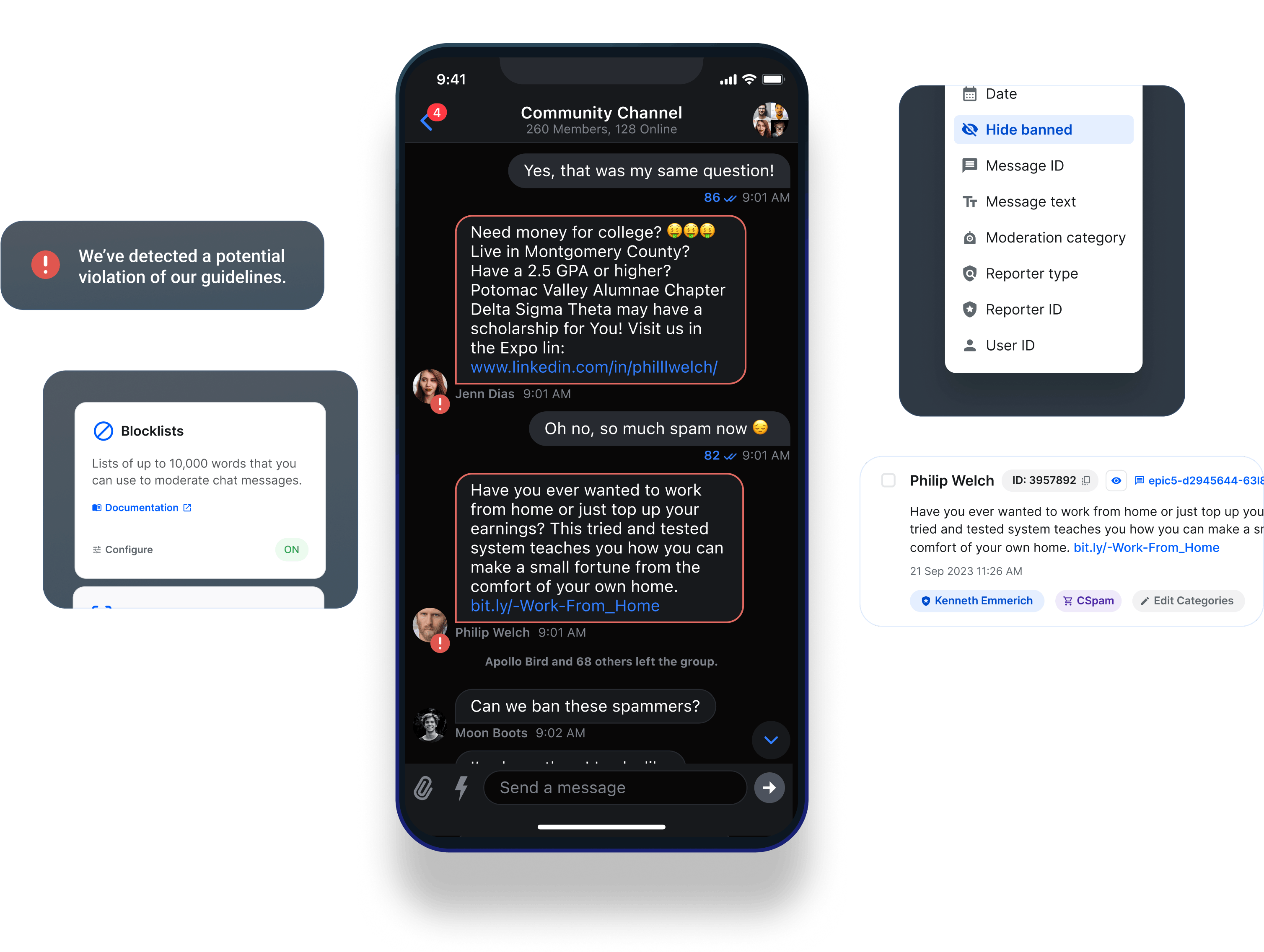 example of chat messaging moderation mockup