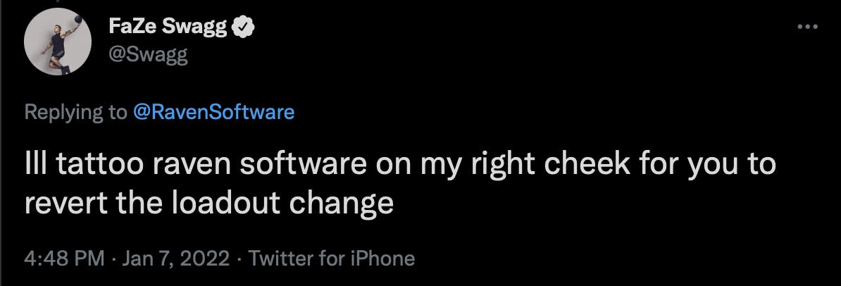 FaZe Swagg on  Twitter: "Ill tattoo raven software on my right cheeck for you to revert the loadout change"