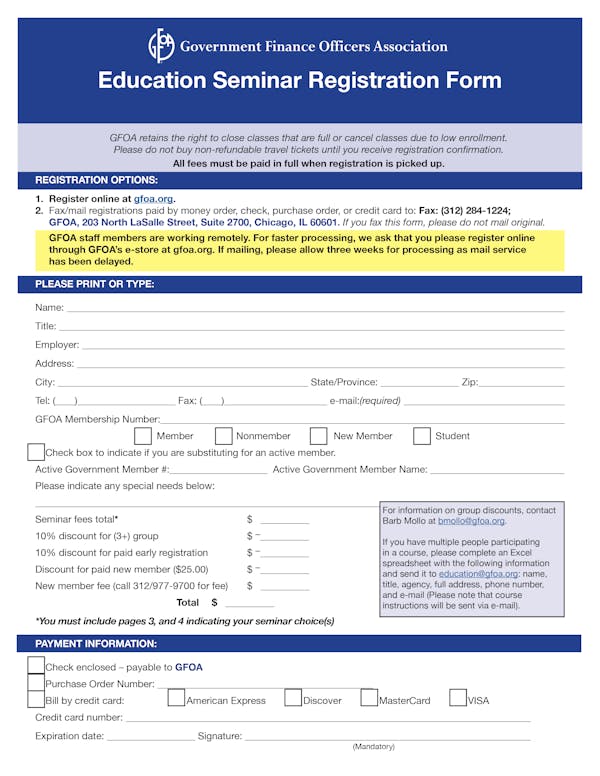 Picture of the front page of the GFOA Education Seminar Registration Form