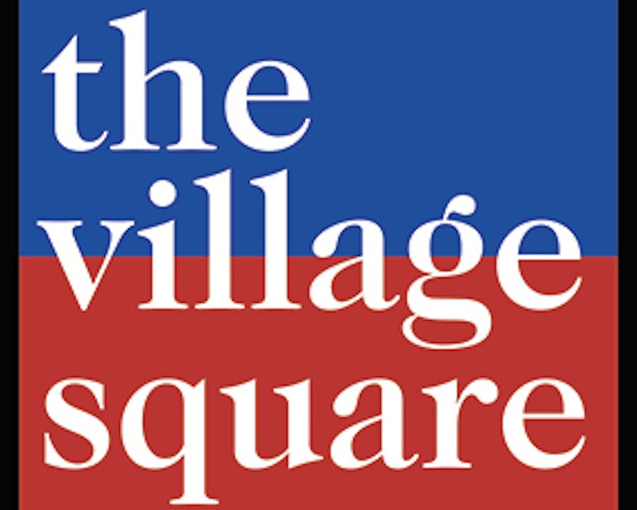 Red and blue box with the words "The Village Square."